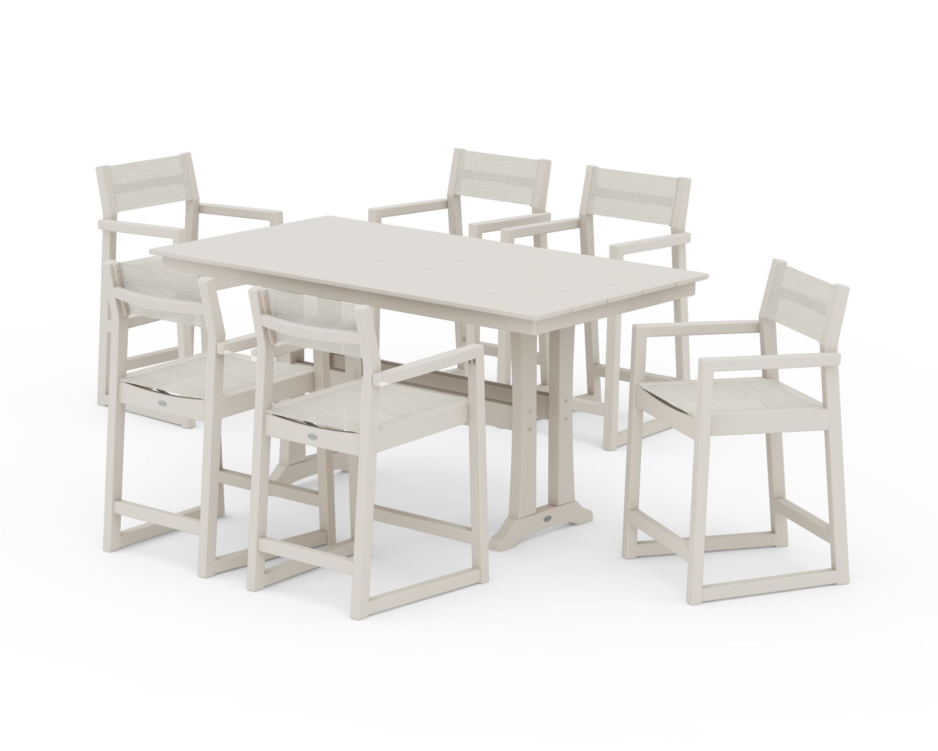 EDGE Sling Arm Chair 7-Piece Farmhouse Counter Set with Trestle Legs in Sand / Parchment Sling