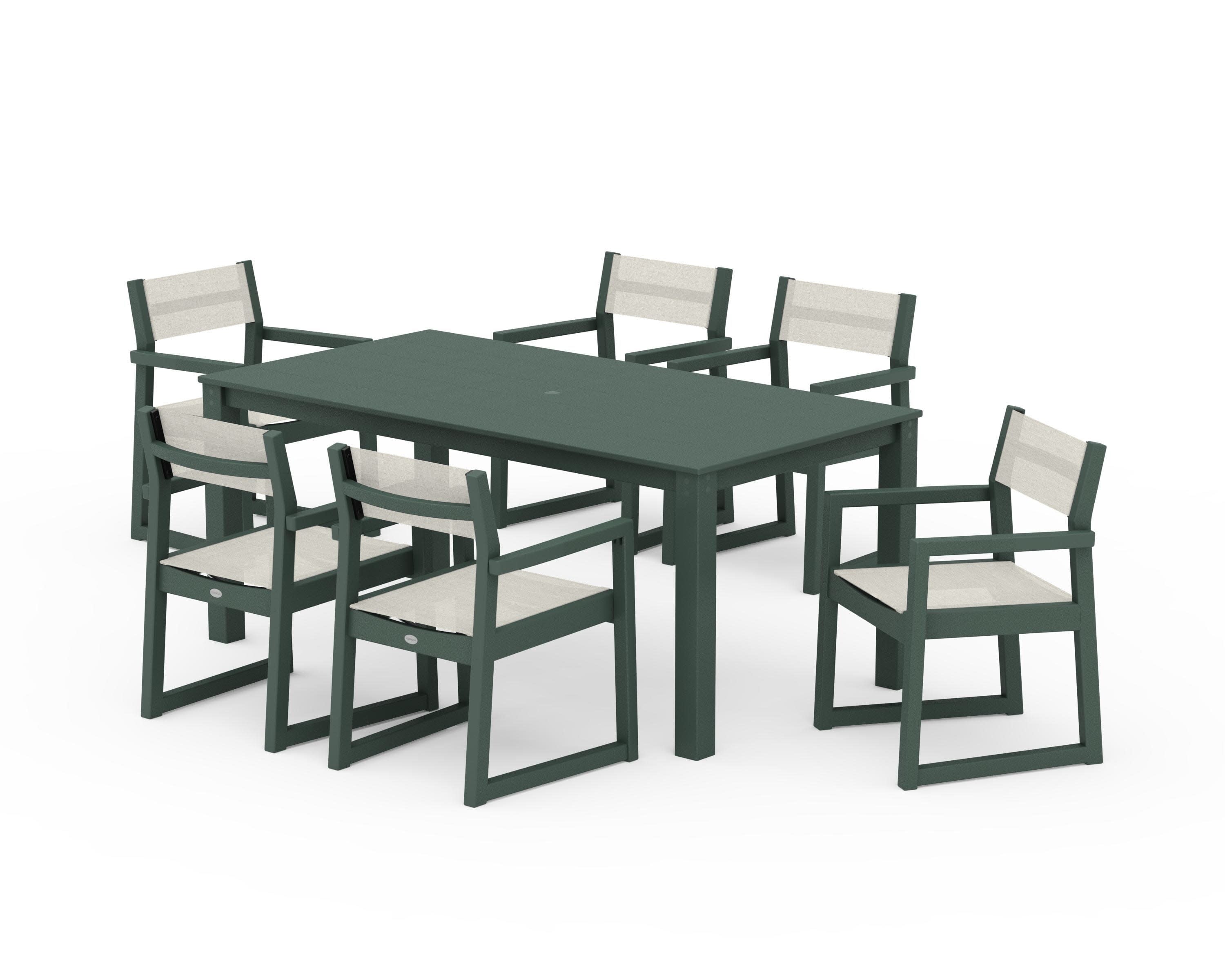 EDGE Sling Arm Chair 7-Piece Parsons Dining Set in Green / Parchment Sling