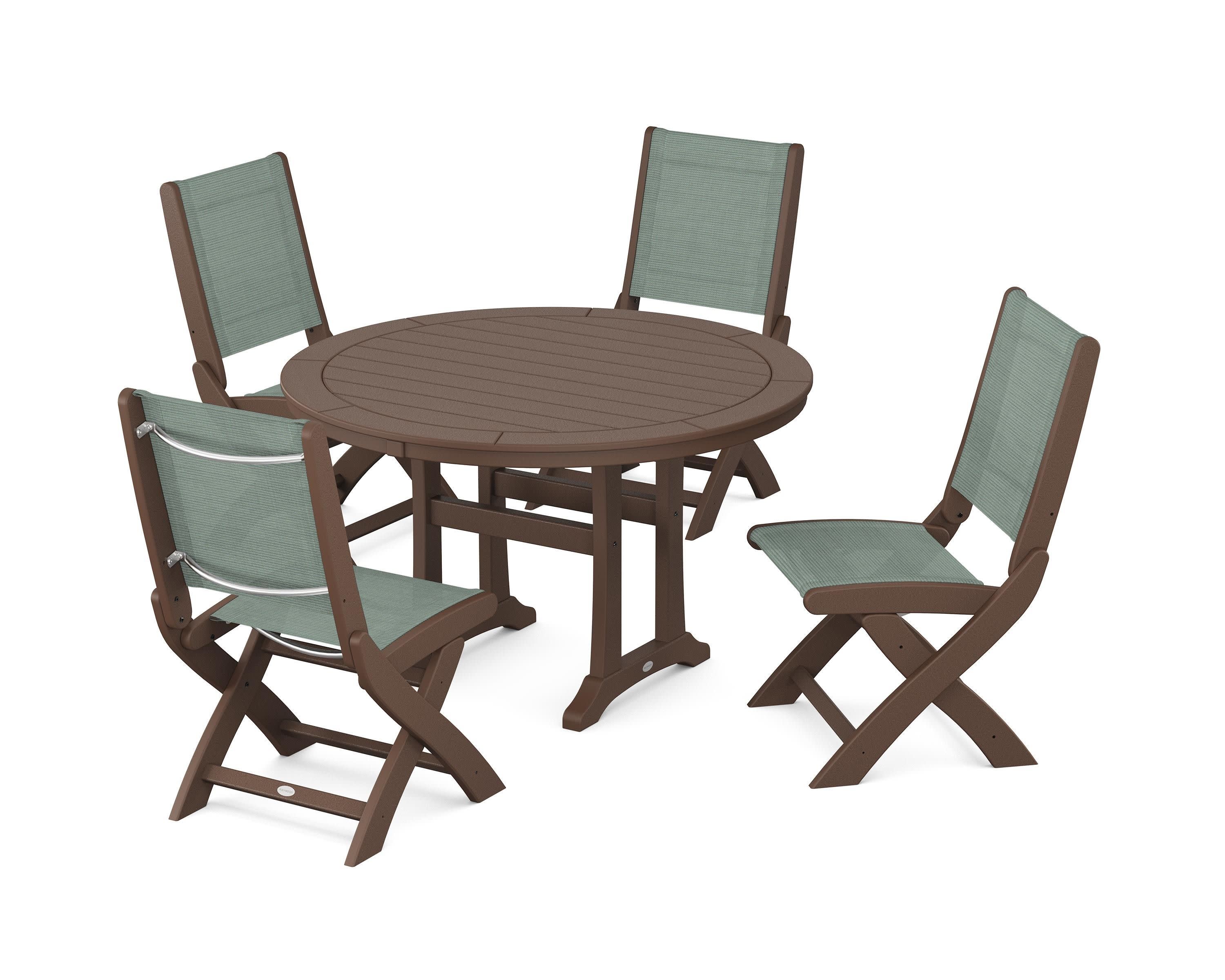 Coastal Folding Side Chair 5-Piece Round Dining Set With Trestle Legs in Mahogany / Dupioni Sea Mist Sling