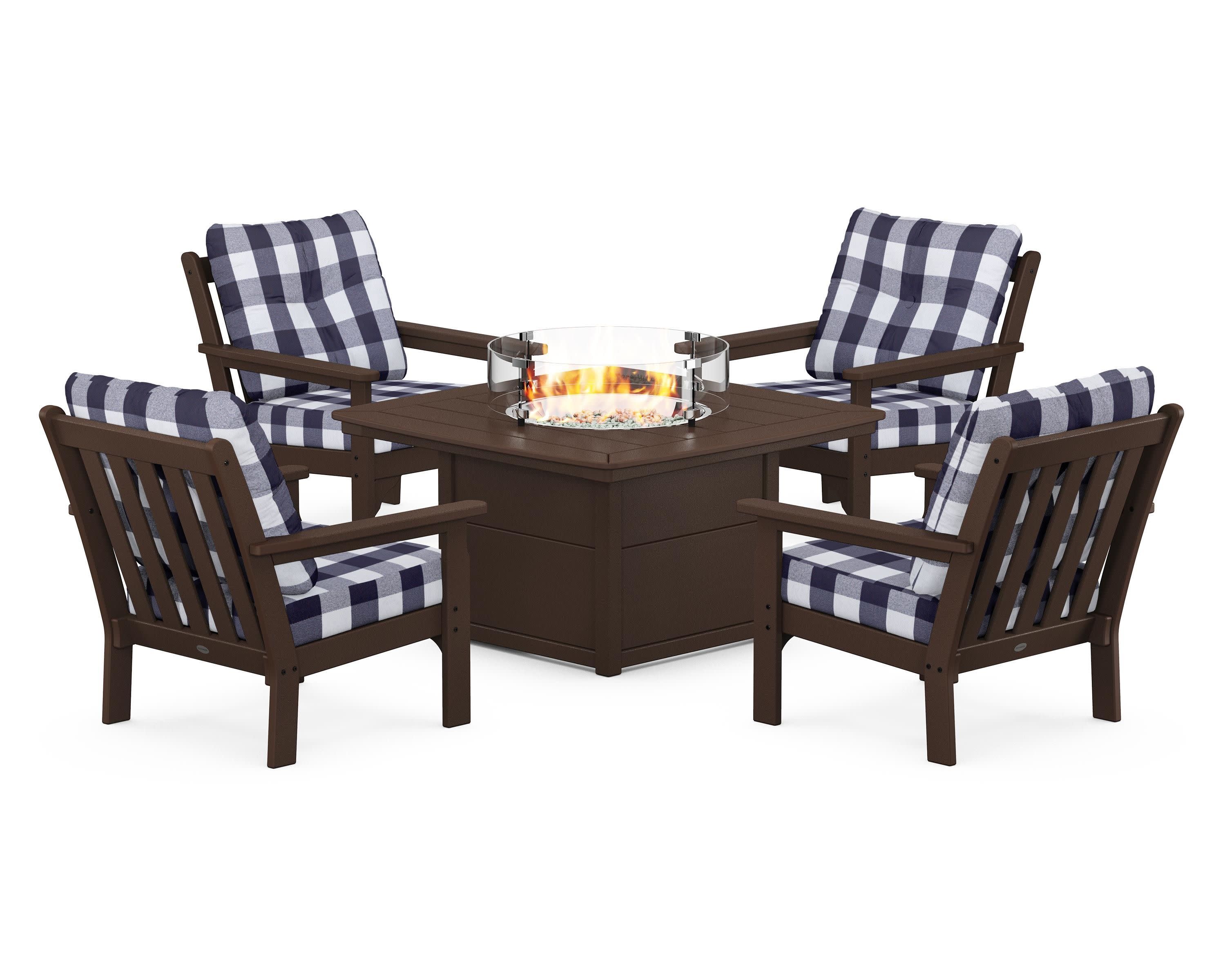Vineyard 5-Piece Conversation Set with Fire Pit Table in Mahogany / Buffalo Plaid Navy