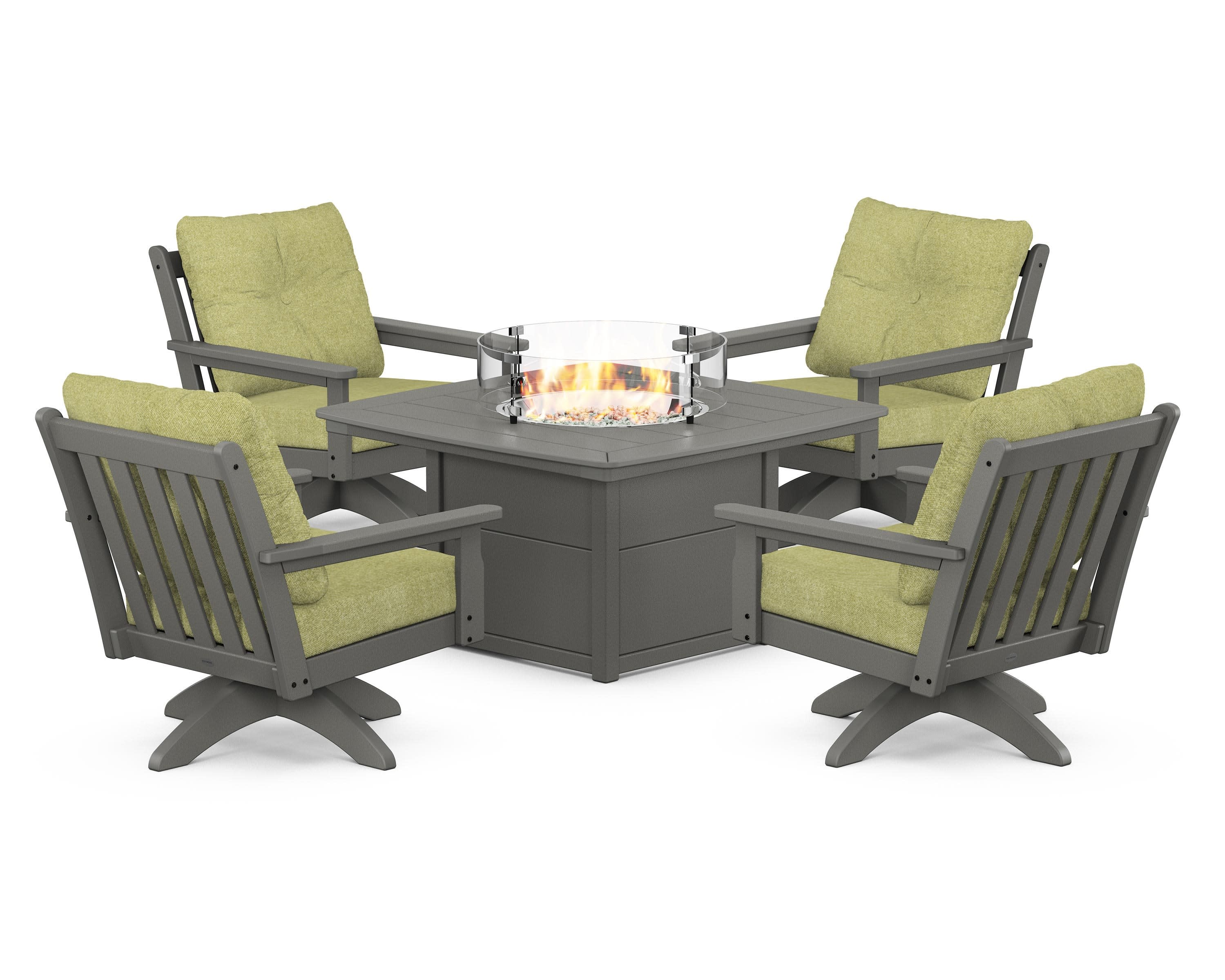 Vineyard 5-Piece Deep Seating Swivel Conversation Set with Fire Pit Table in Slate Grey / Chartreuse Boucle