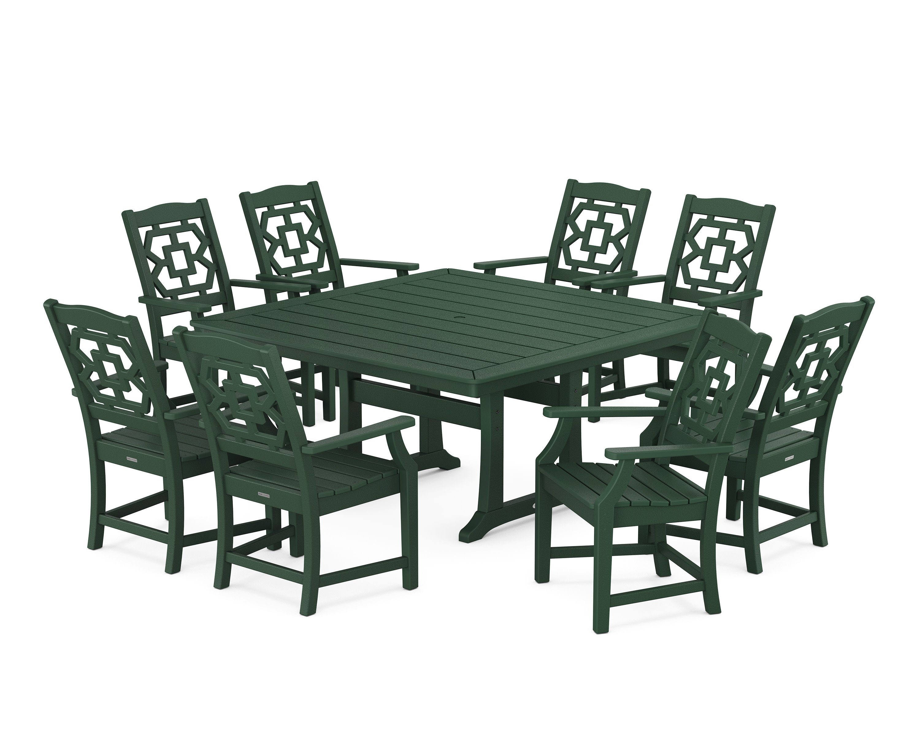 Chinoiserie 9-Piece Square Dining Set with Trestle Legs in Green