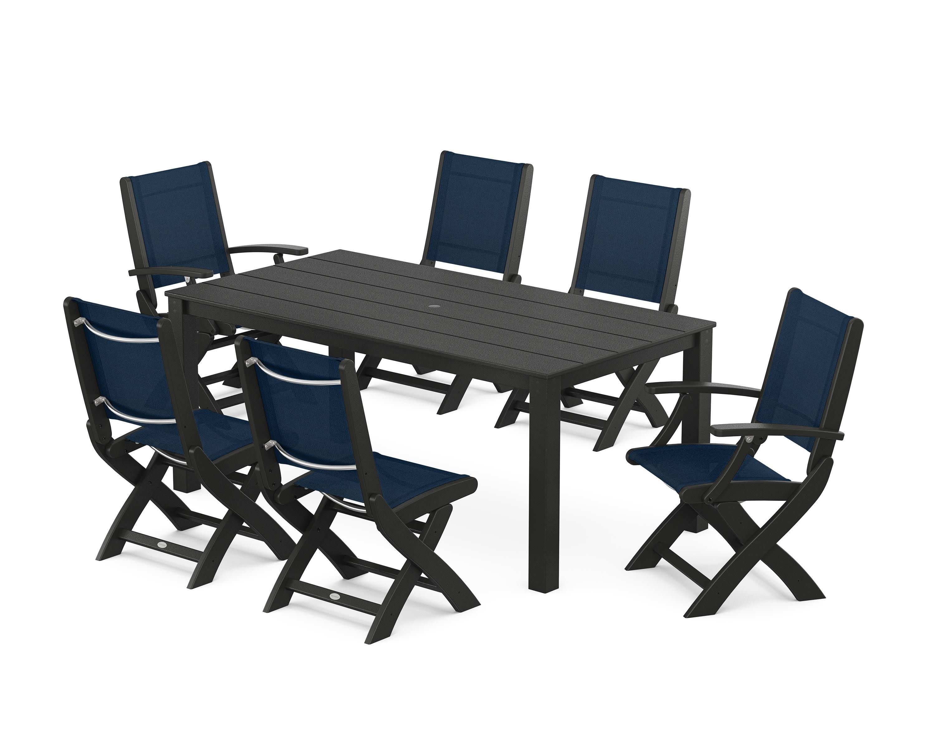 Coastal Folding Chair 7-Piece Parsons Dining Set in Black / Navy Blue Sling