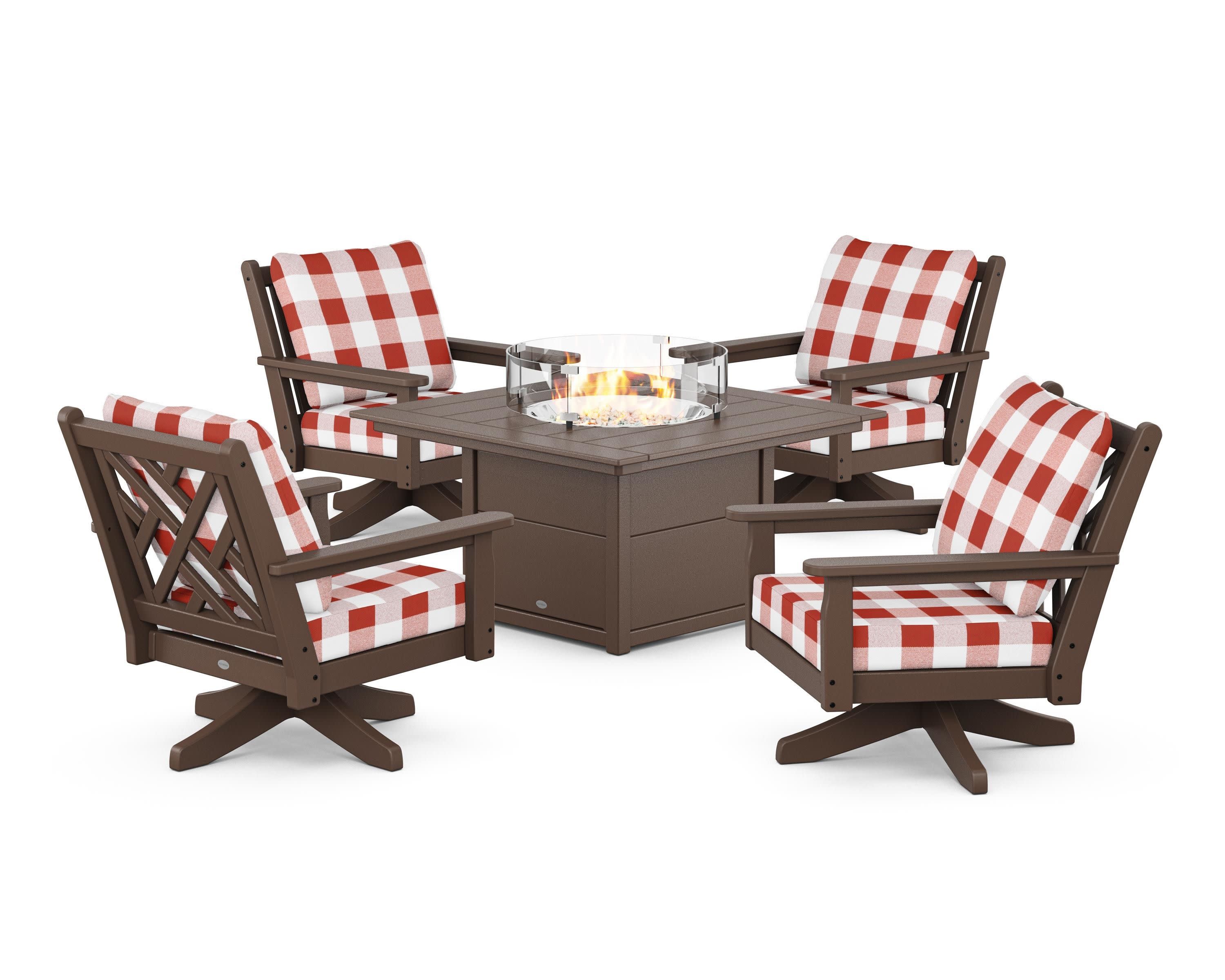 Chippendale 5-Piece Deep Seating Swivel Conversation Set with Fire Pit Table in Mahogany / Buffalo Plaid Crimson