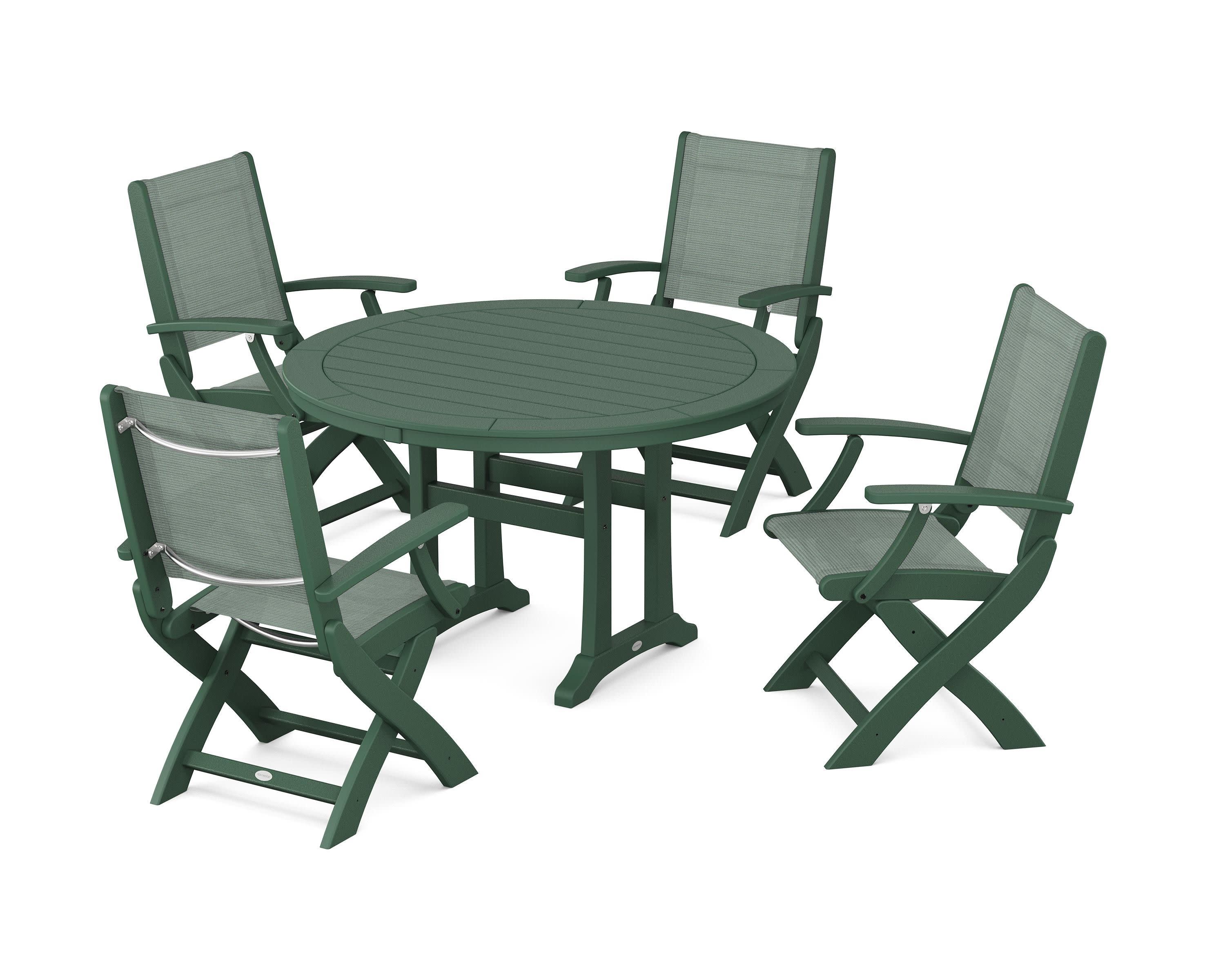 Coastal Folding Chair 5-Piece Round Dining Set with Trestle Legs in Green / Dupioni Sea Mist Sling