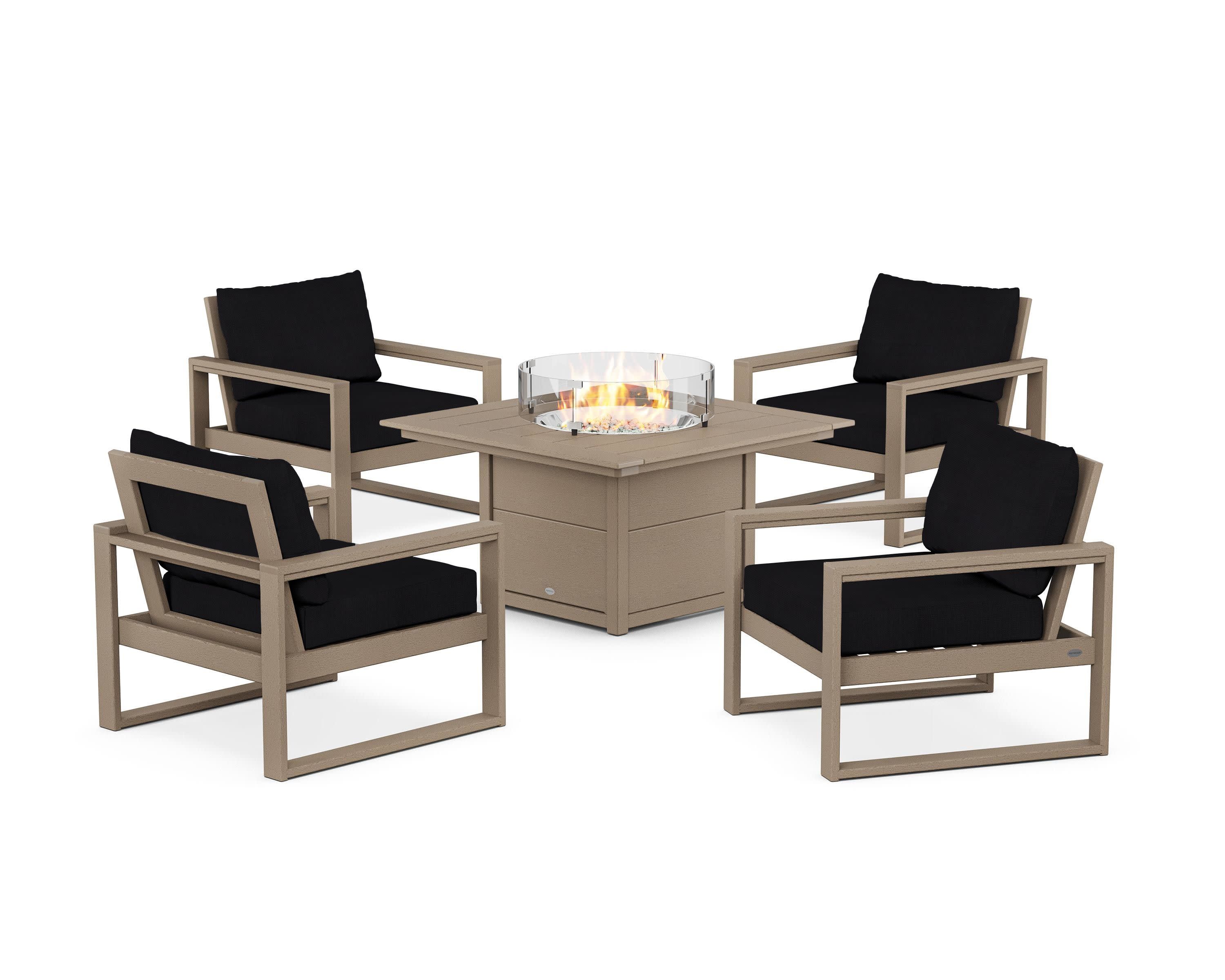 EDGE Sectional 5-Piece Deep Seating Set with Fire Pit Table in Vintage Sahara / Midnight Linen