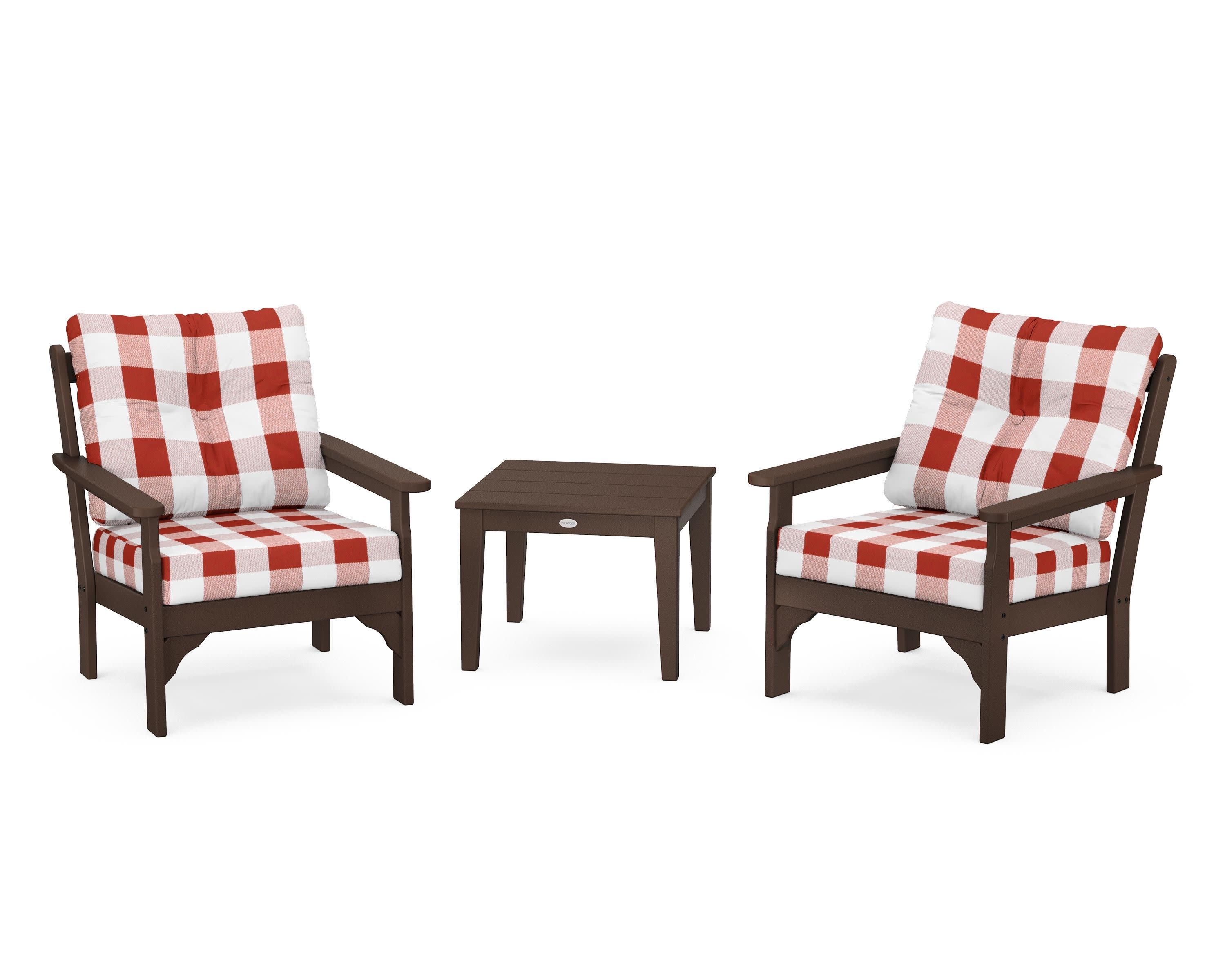 Vineyard 3-Piece Deep Seating Set in Mahogany / Buffalo Plaid Crimson