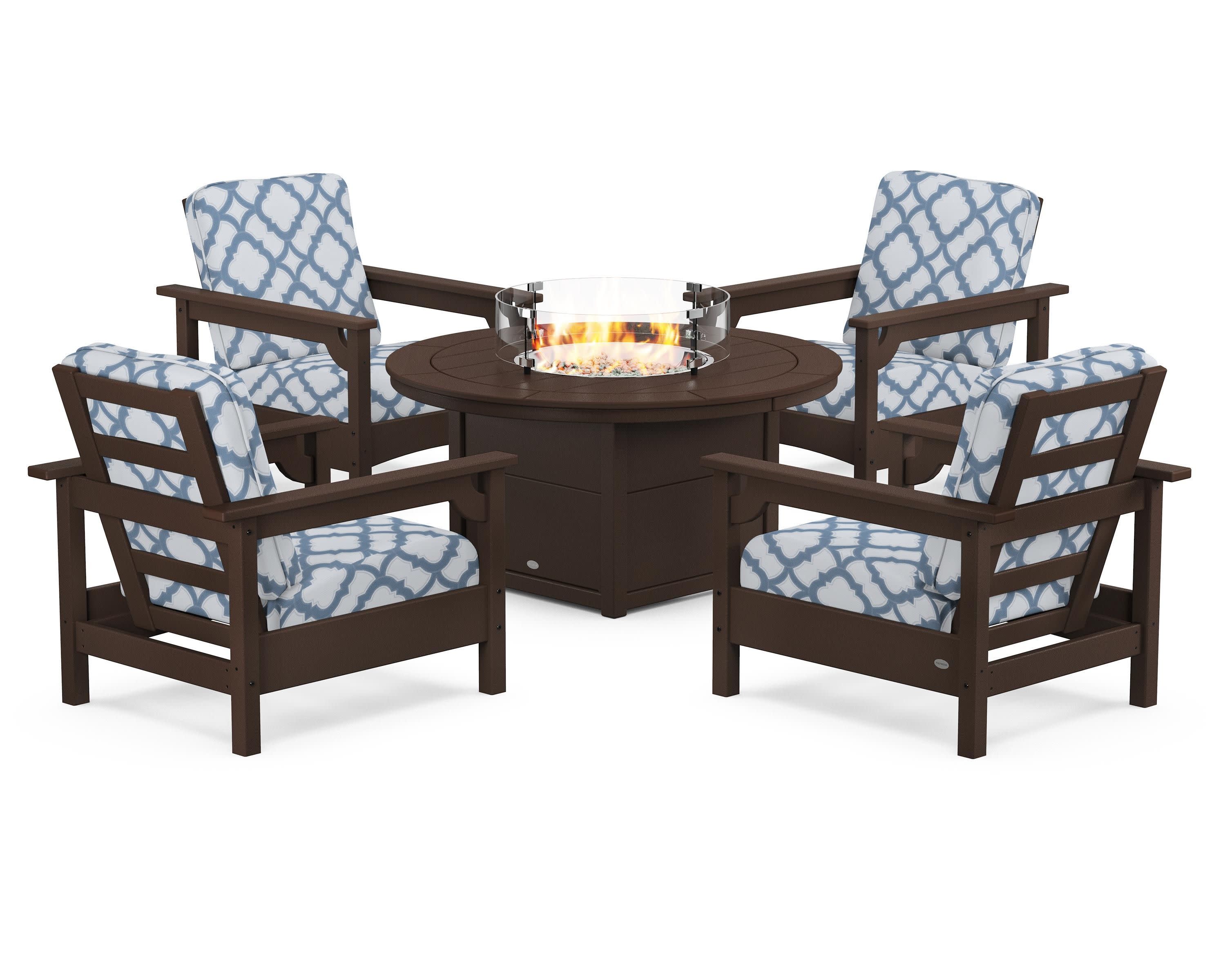 Club 5-Piece Conversation Set with Fire Pit Table in Mahogany / Trellis Sky Blue