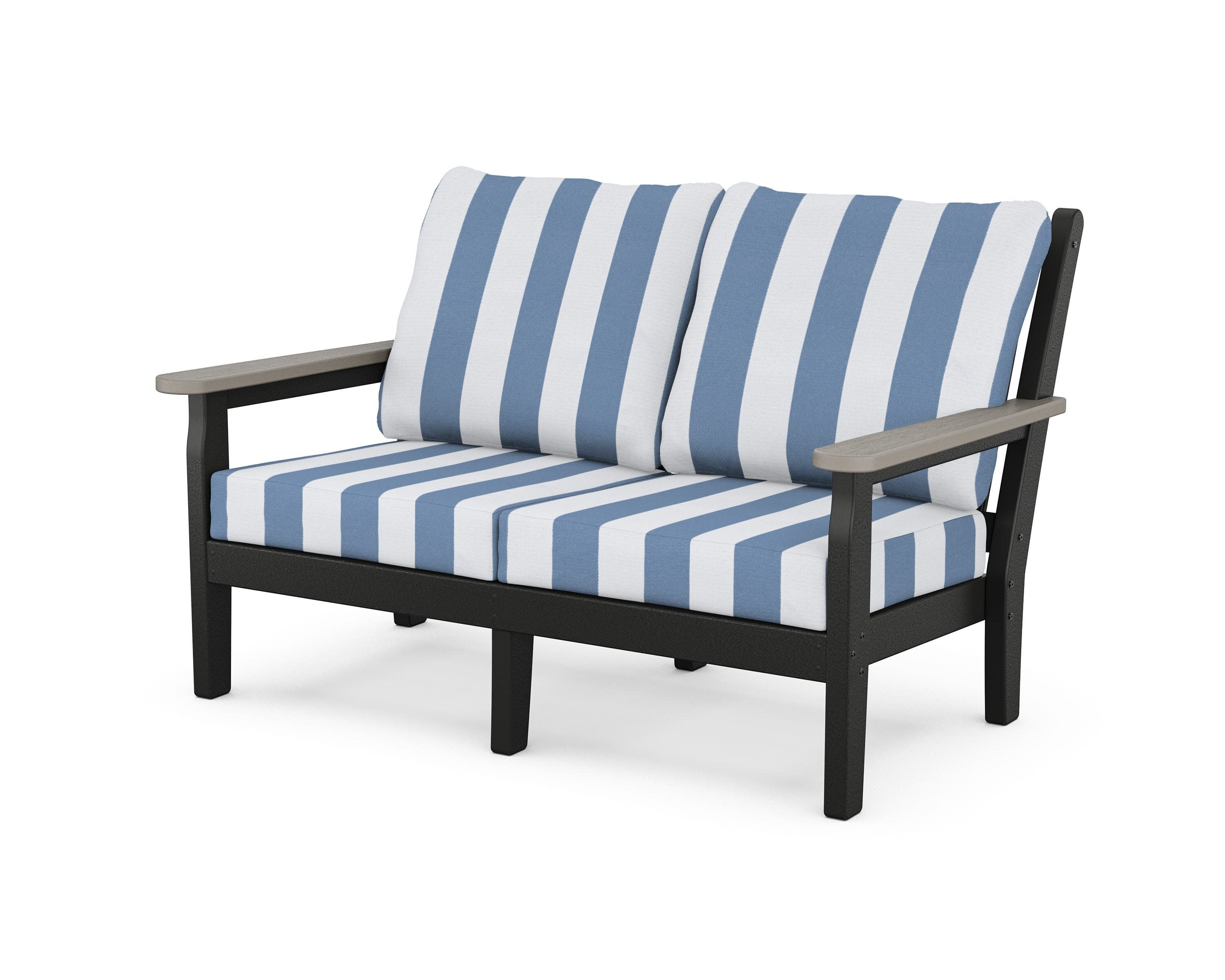 Chippendale Deep Seating Loveseat in Black / Driftwood / Cabana Stripe Sky Blue