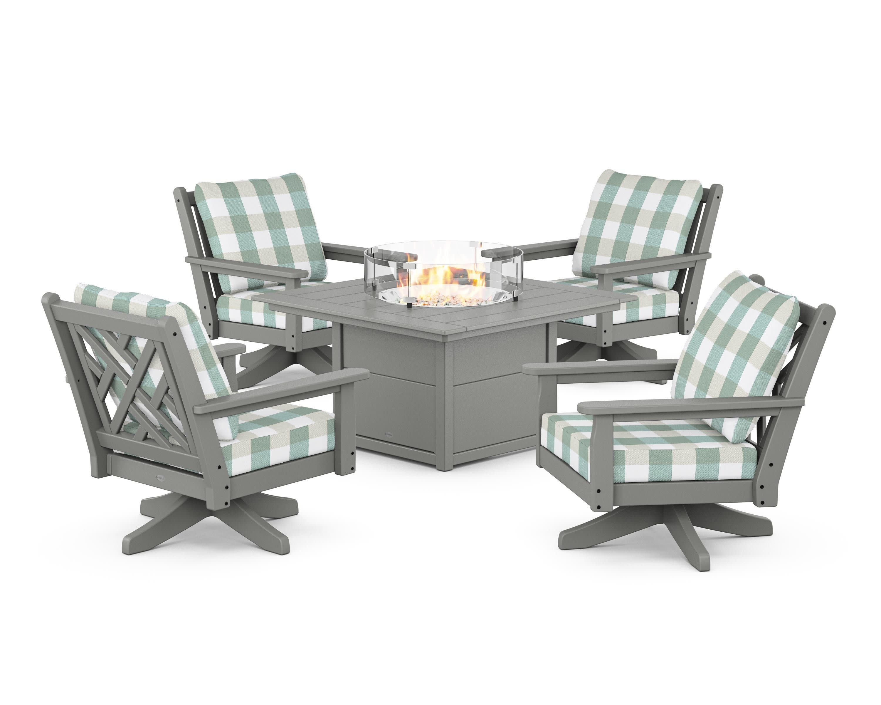 Chippendale 5-Piece Deep Seating Swivel Conversation Set with Fire Pit Table in Slate Grey / Buffalo Plaid Glacier Spa