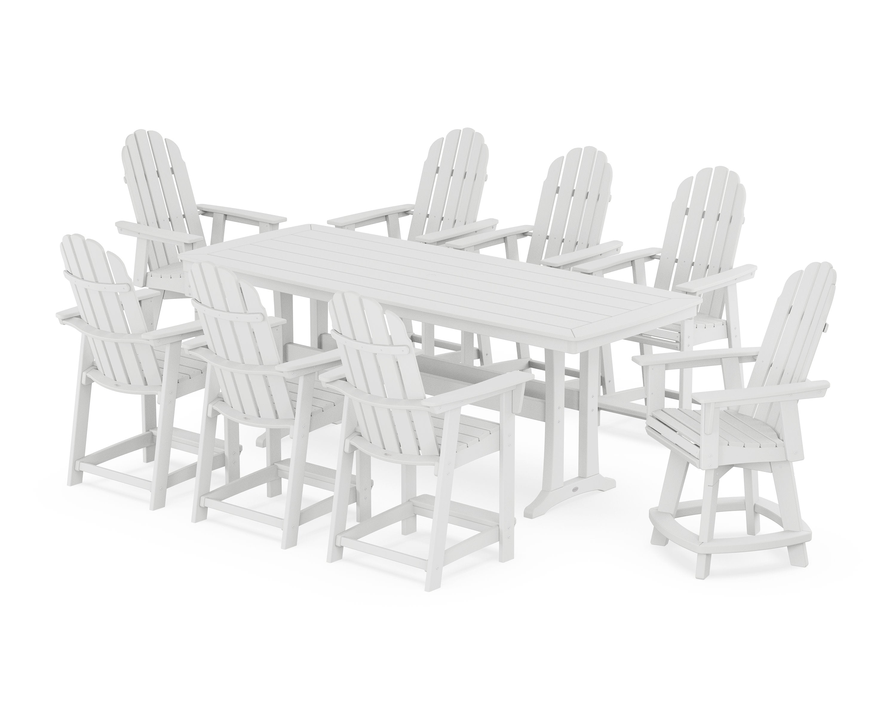 Vineyard Curveback Adirondack Swivel 9-Piece Counter Set with Trestle Legs in White