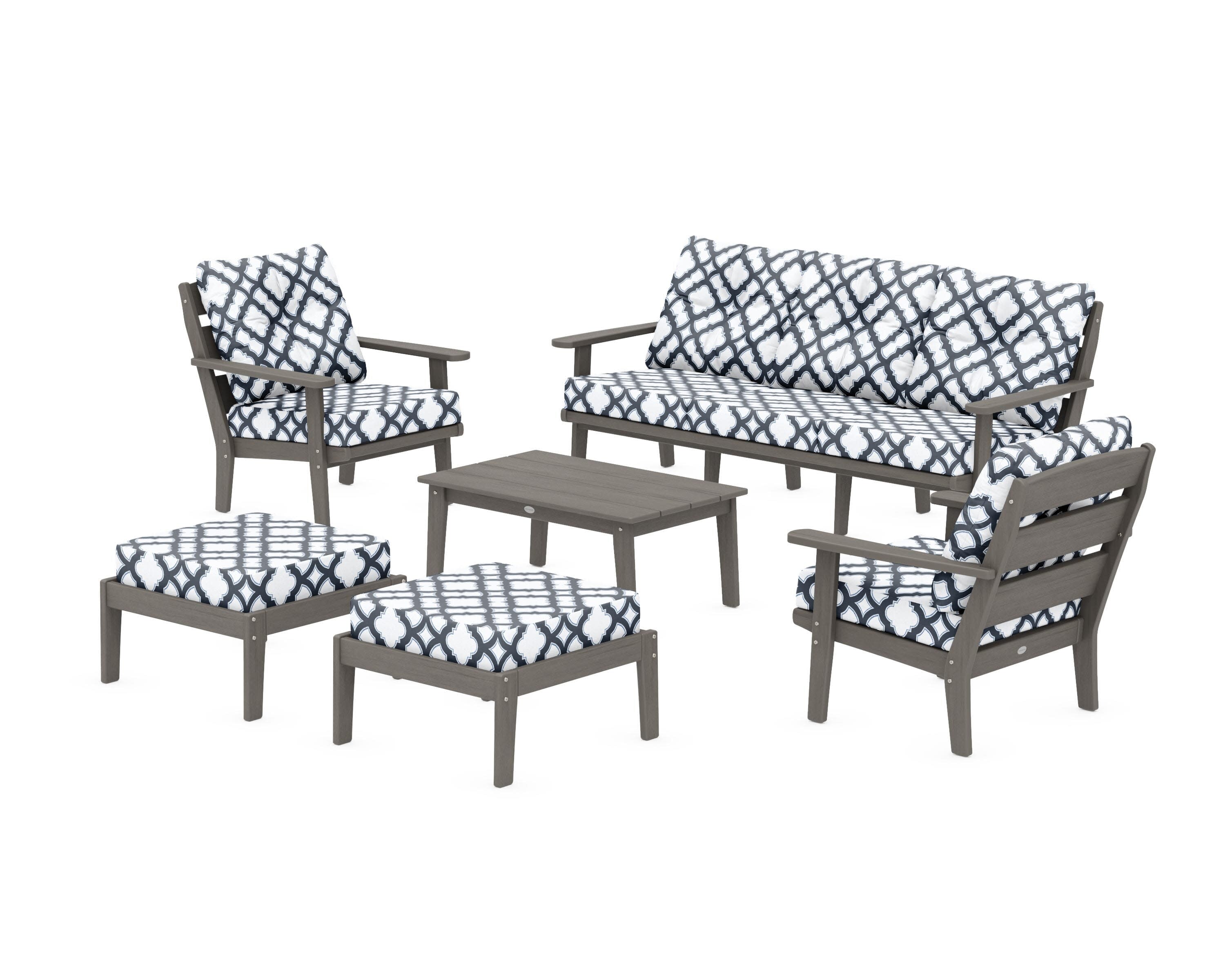 Lakeside 6-Piece Lounge Sofa Set in Driftwood / Trellis Marine Indigo