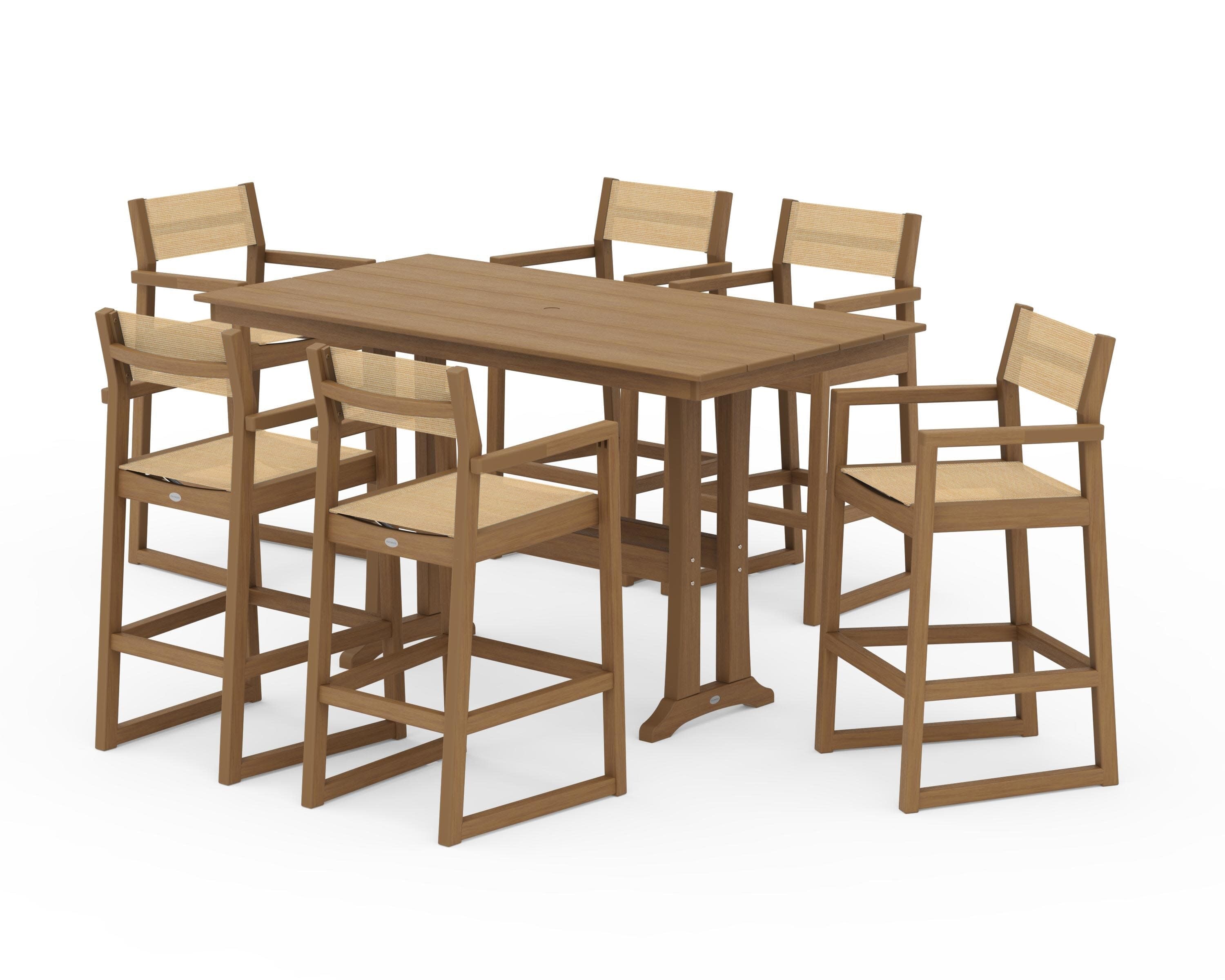 EDGE Sling Arm Chair 7-Piece Farmhouse Bar Set with Trestle Legs in Natural / Dupioni Apricot Sling