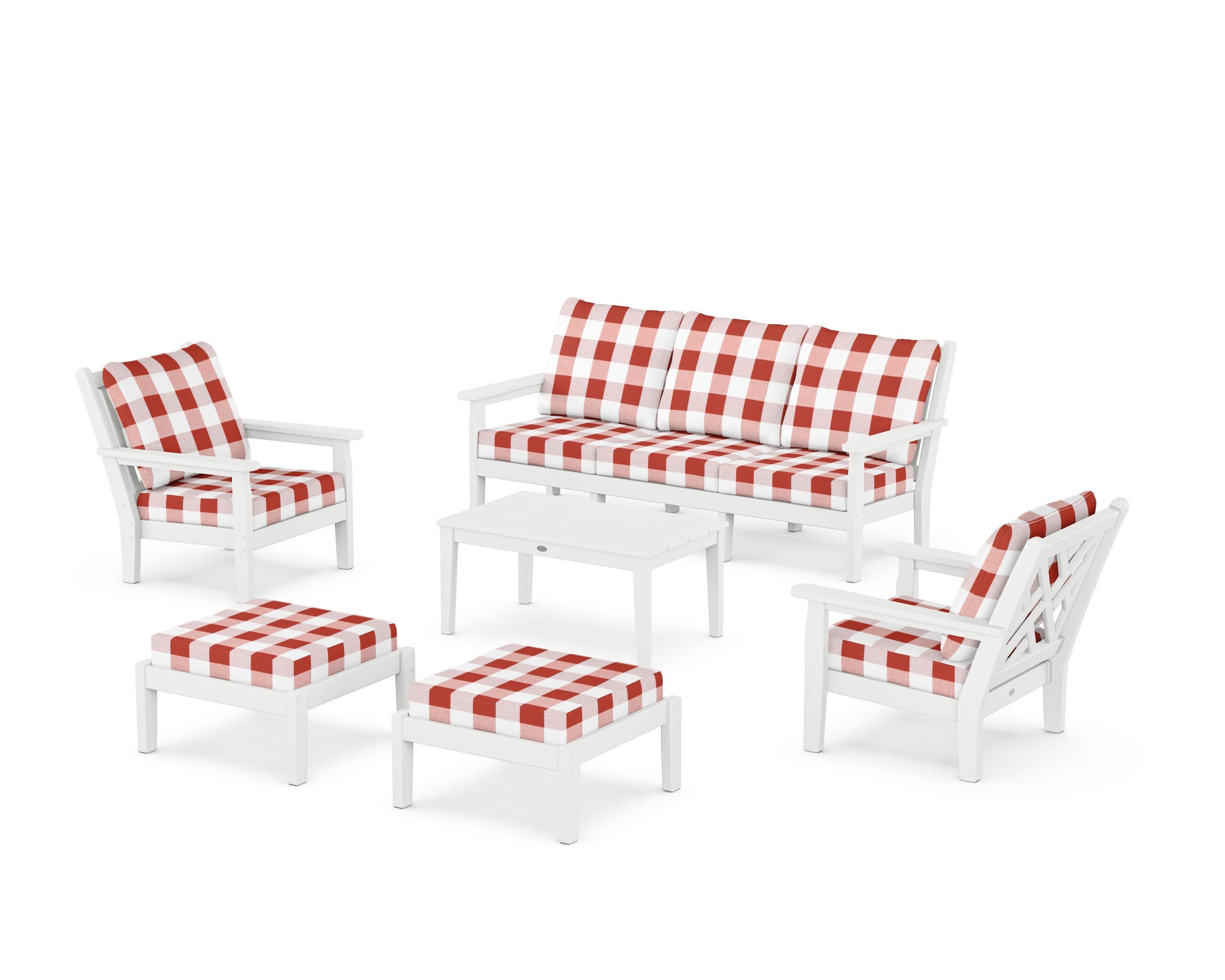 Chippendale 6-Piece Lounge Sofa Set in White / Buffalo Plaid Crimson