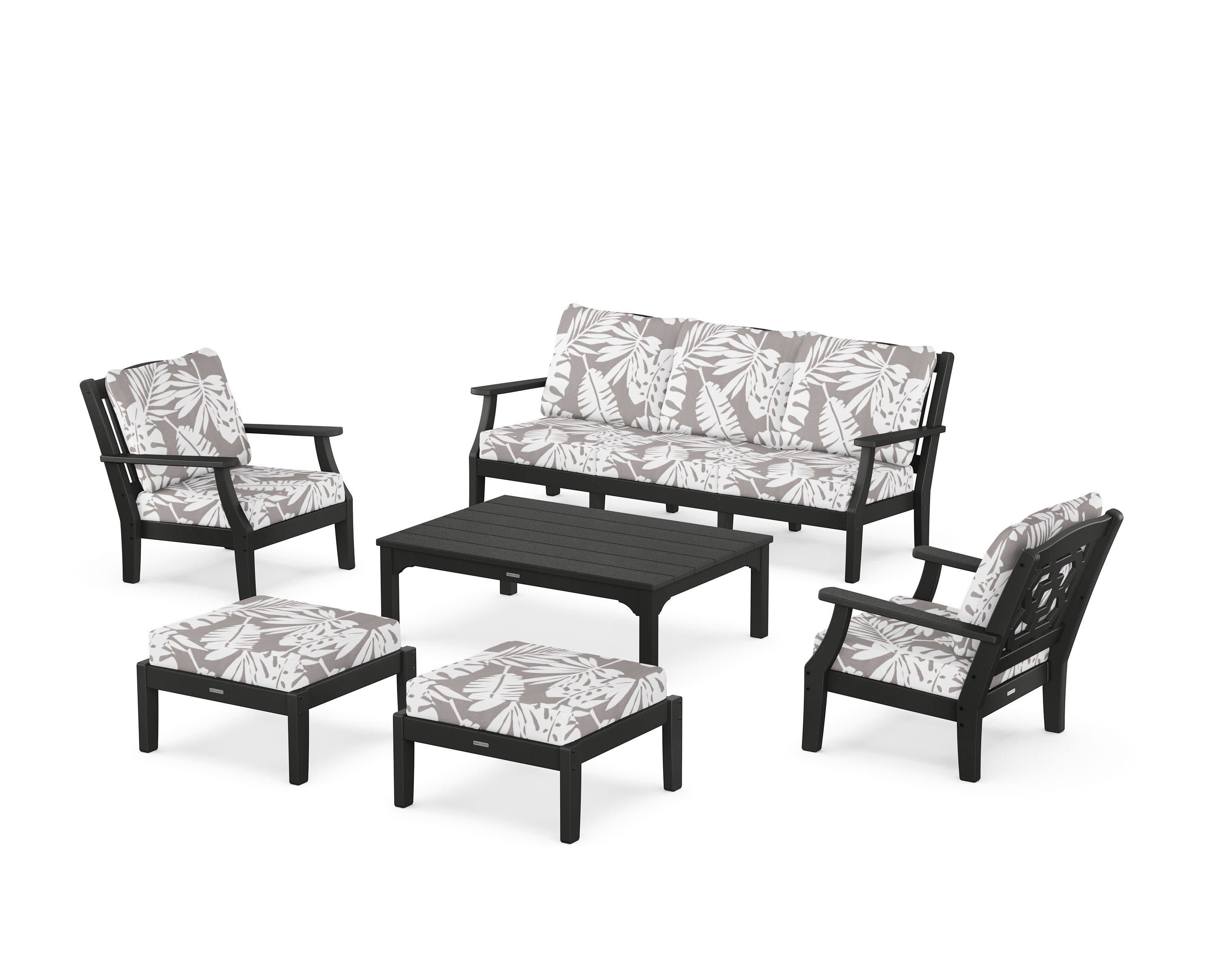 Chinoiserie 6-Piece Lounge Sofa Set in Black / Leaf Grey Mist