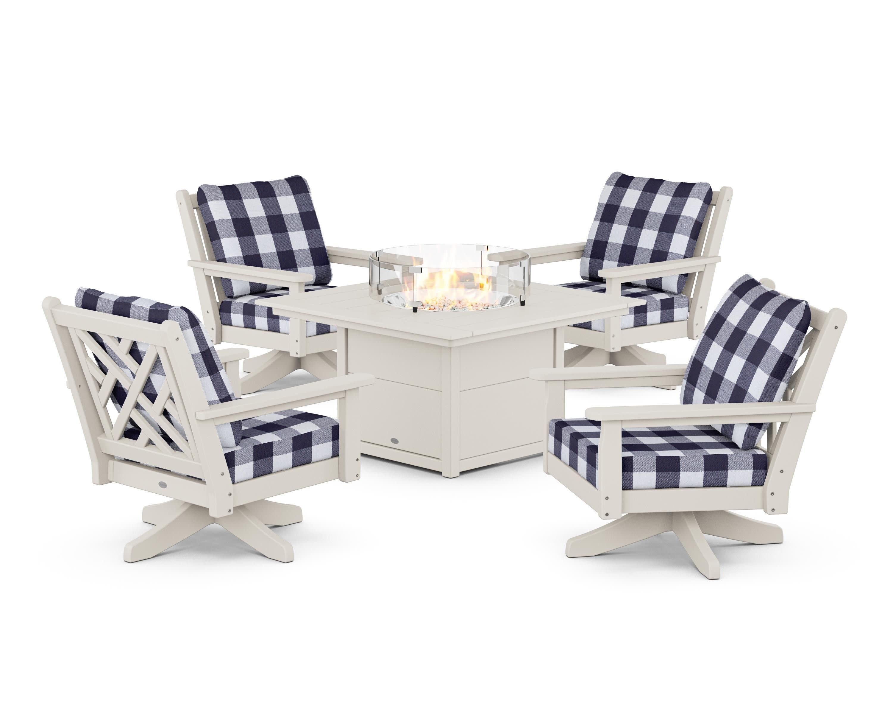 Chippendale 5-Piece Deep Seating Swivel Conversation Set with Fire Pit Table in Sand / Buffalo Plaid Navy