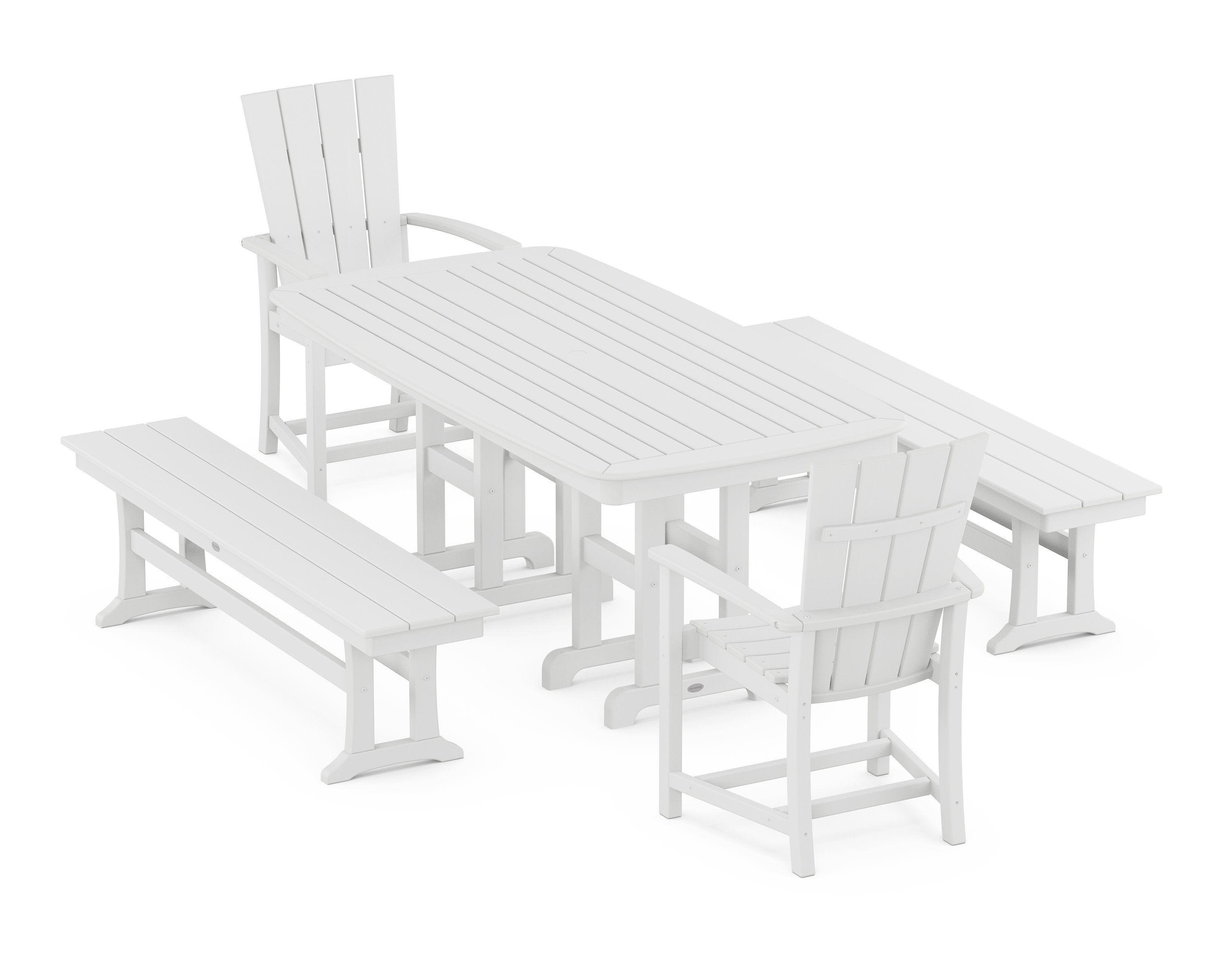 Quattro 5-Piece Farmhouse Dining Set with Benches in White