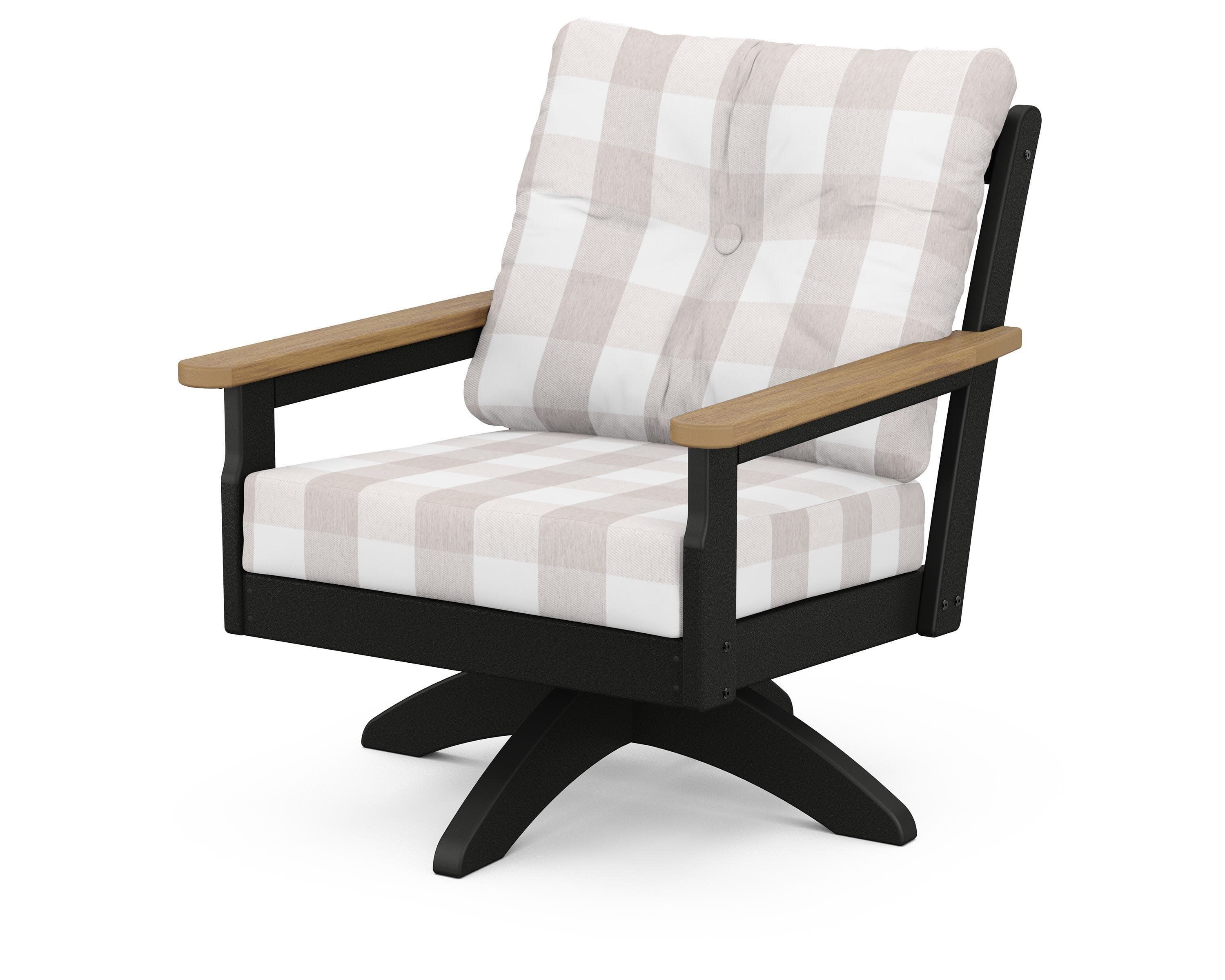 Vineyard Deep Seating Swivel Chair in Black / Natural / Buffalo Plaid Dune Burlap