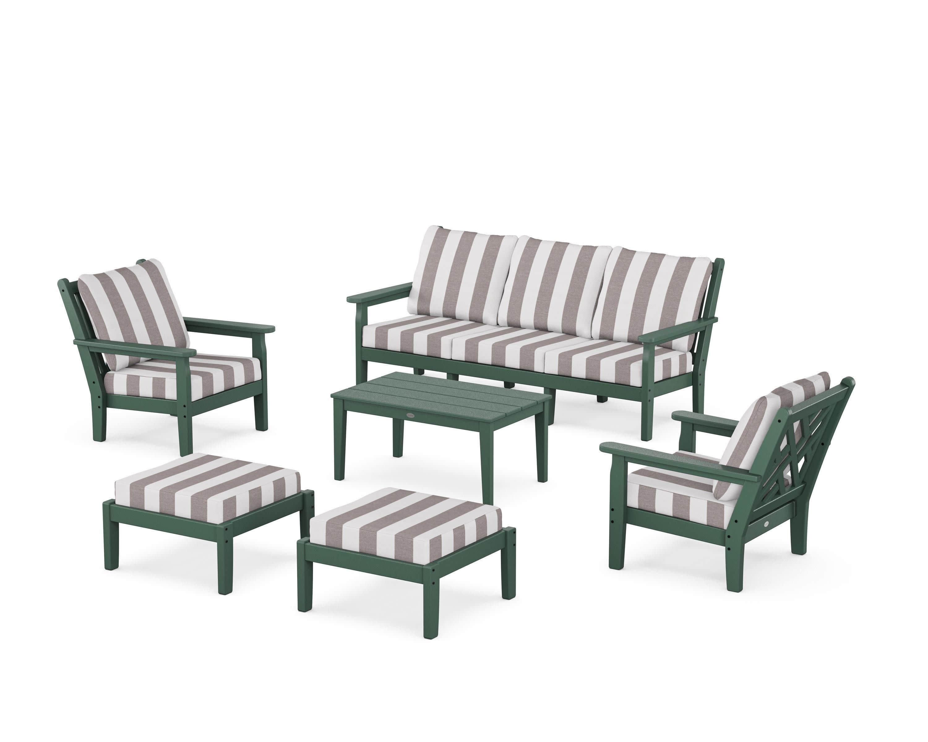 Chippendale 6-Piece Lounge Sofa Set in Green / Cabana Stripe Grey Mist