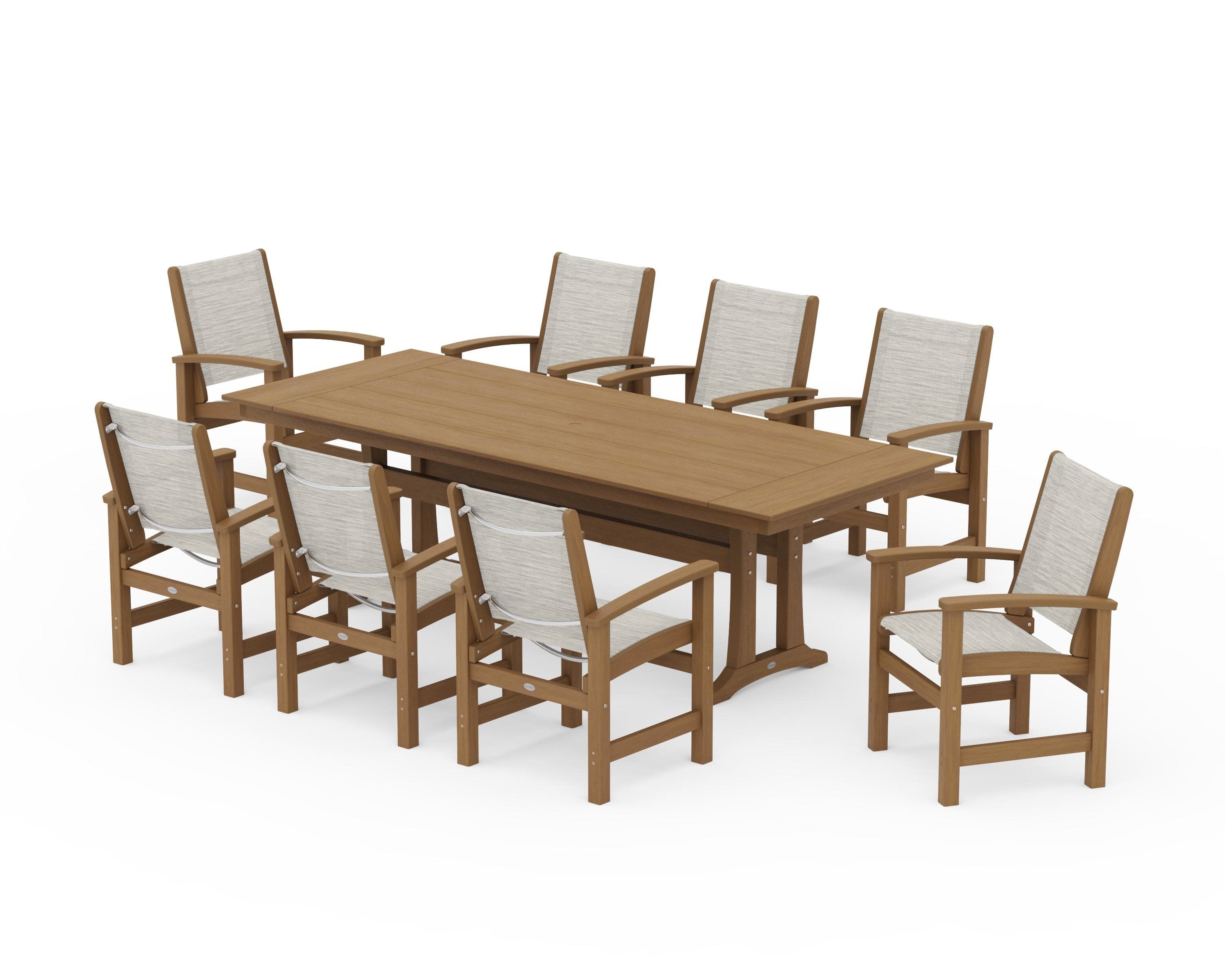Coastal 9-Piece Farmhouse Dining Set with Trestle Legs in Natural / Birch Sling