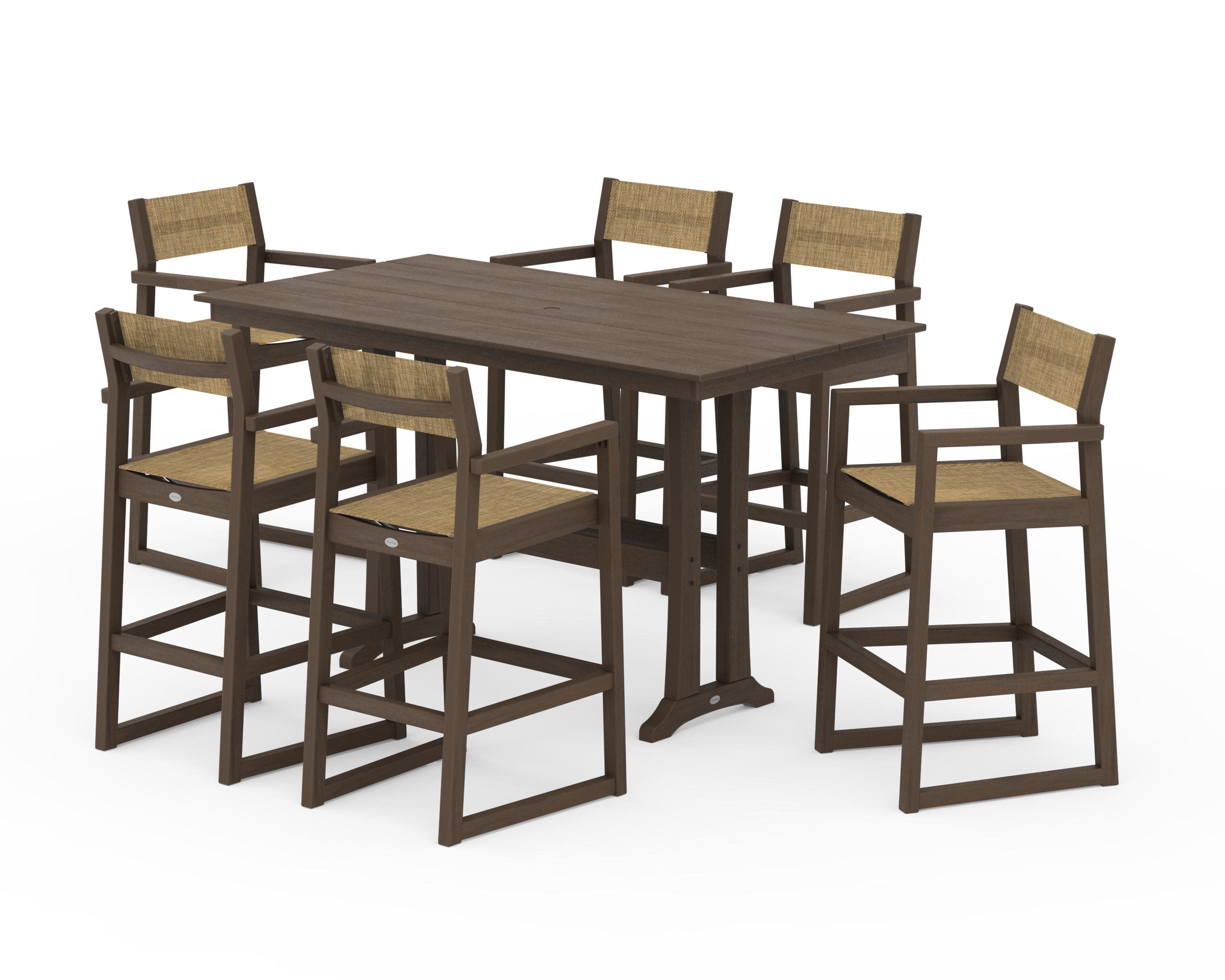 EDGE Sling Arm Chair 7-Piece Farmhouse Bar Set with Trestle Legs in Kona / Burlap Sling