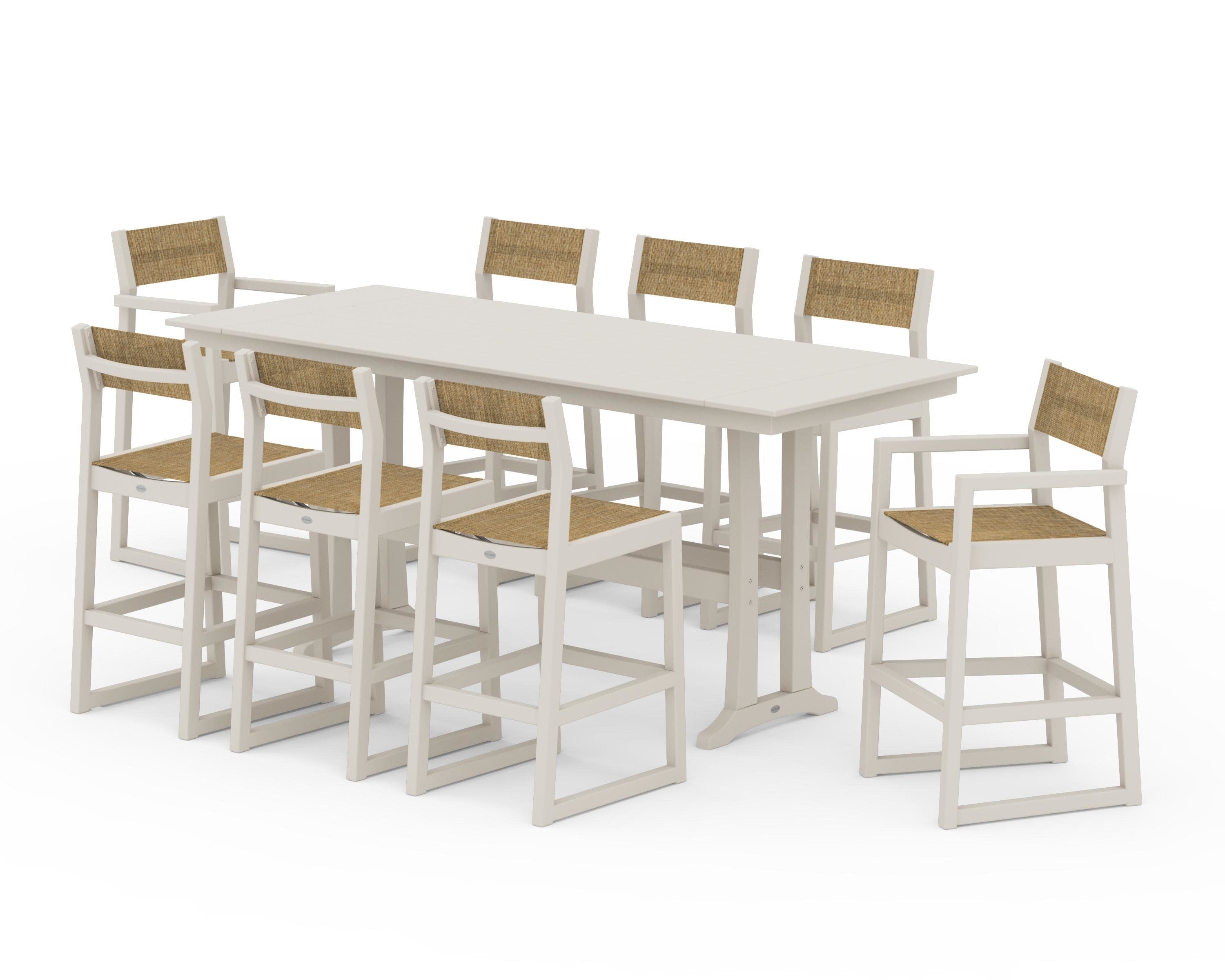 EDGE Sling 9-Piece Farmhouse Bar Set with Trestle Legs in Sand / Burlap Sling
