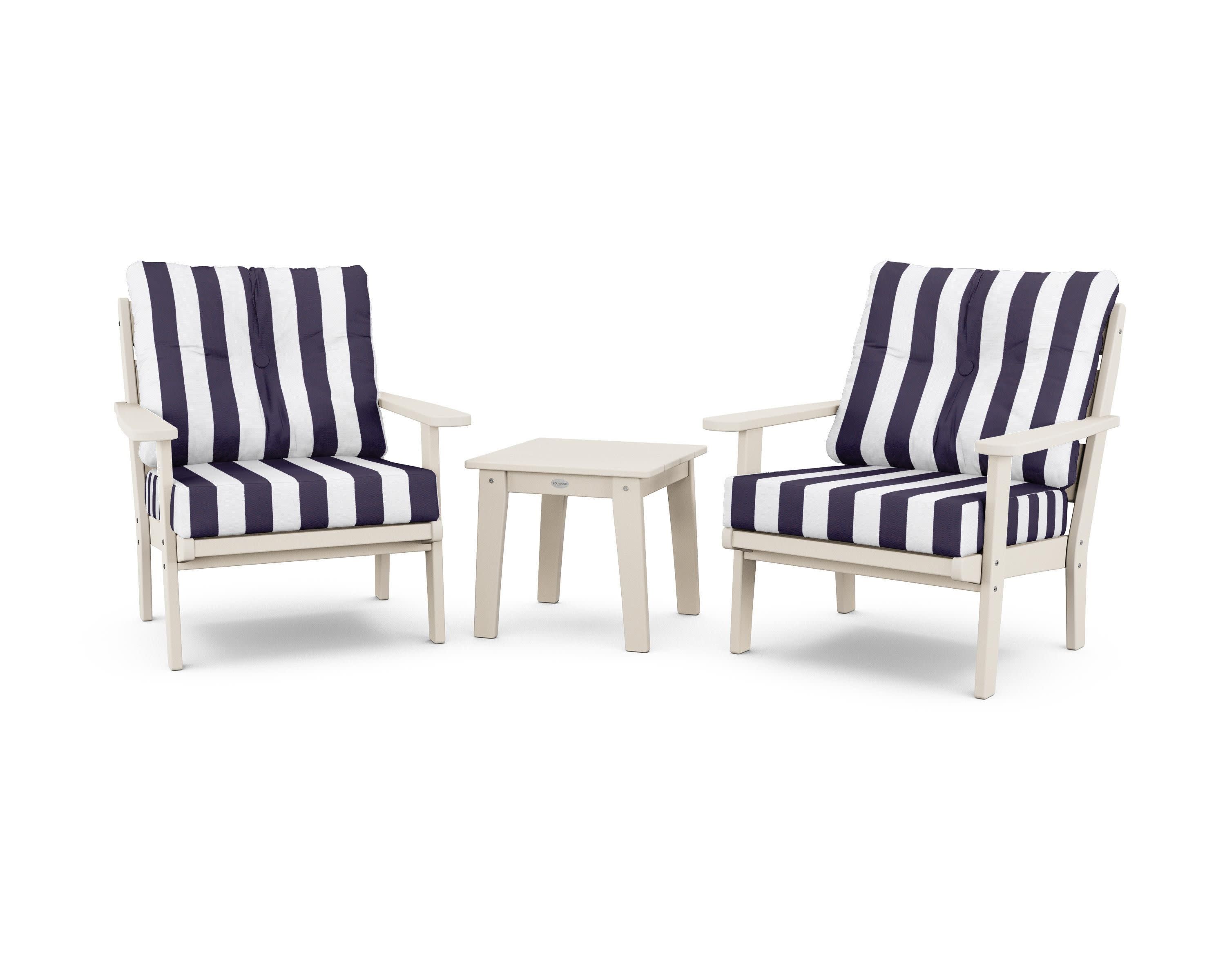 Lakeside 3-Piece Deep Seating Chair Set in Sand / Cabana Stripe Navy
