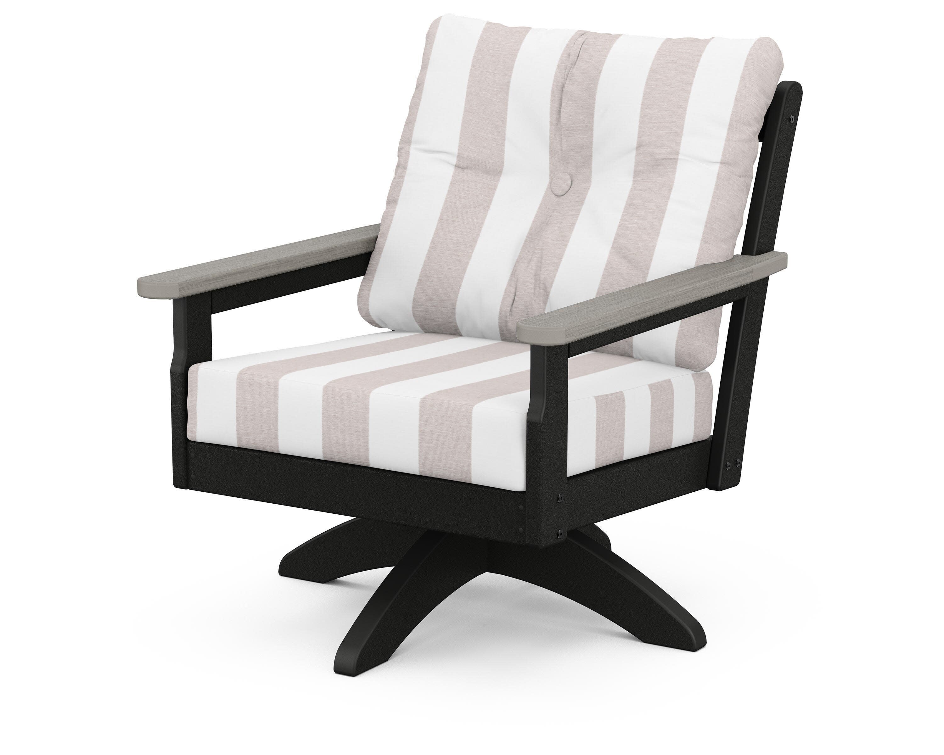 Vineyard Deep Seating Swivel Chair in Black / Driftwood / Cabana Stripe Dune Burlap