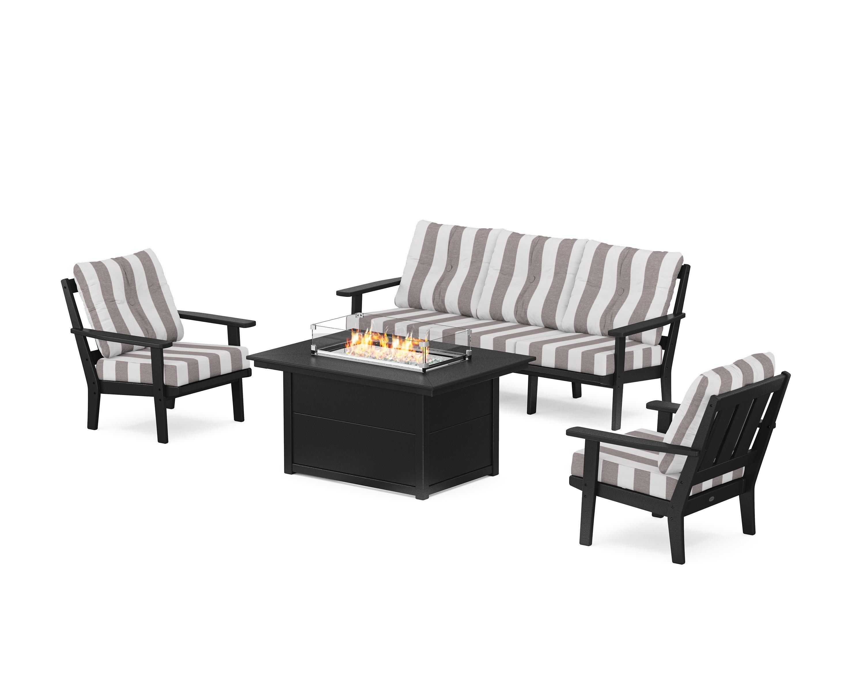 Oxford Deep Seating Fire Pit Table Set in Black / Cabana Stripe Grey Mist