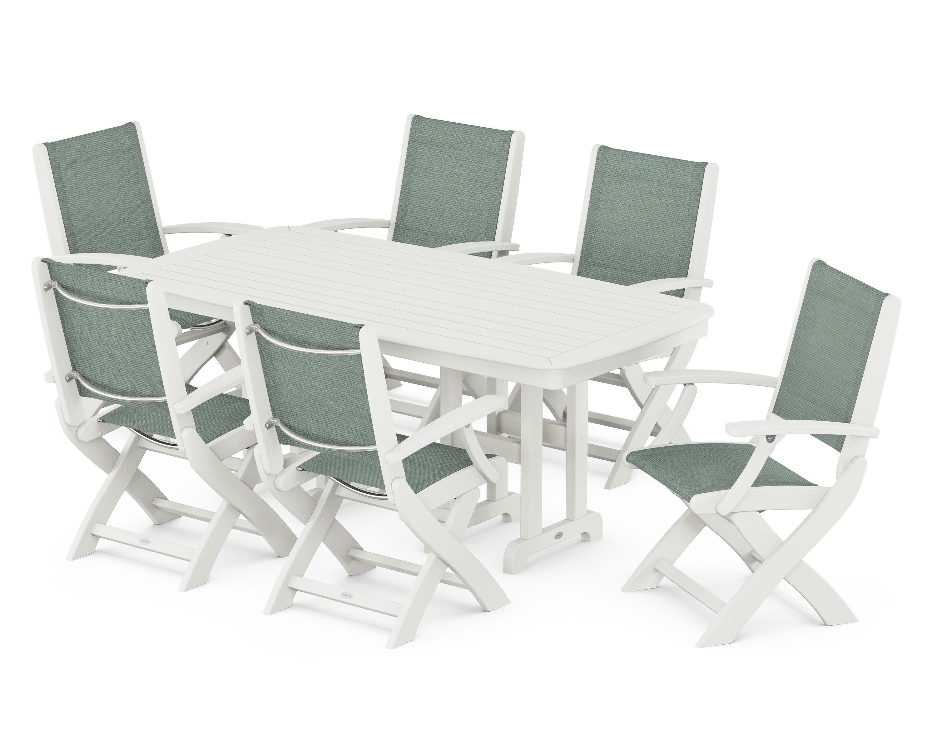 Coastal Folding Arm Chair 7-Piece Dining Set in Vintage White / Dupioni Sea Mist Sling