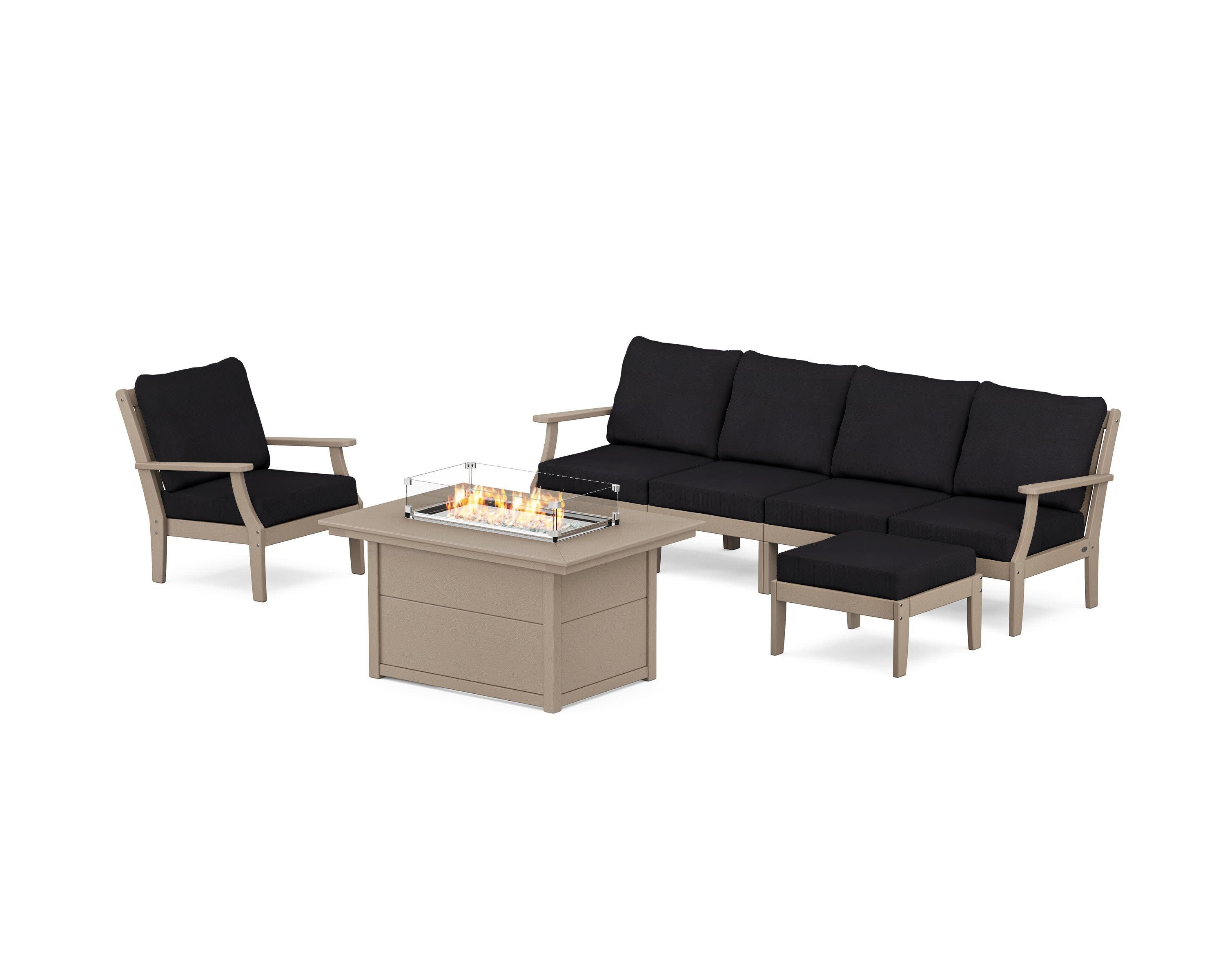 Braxton Sectional Lounge and Fire Pit Set in Vintage Sahara / Midnight Linen