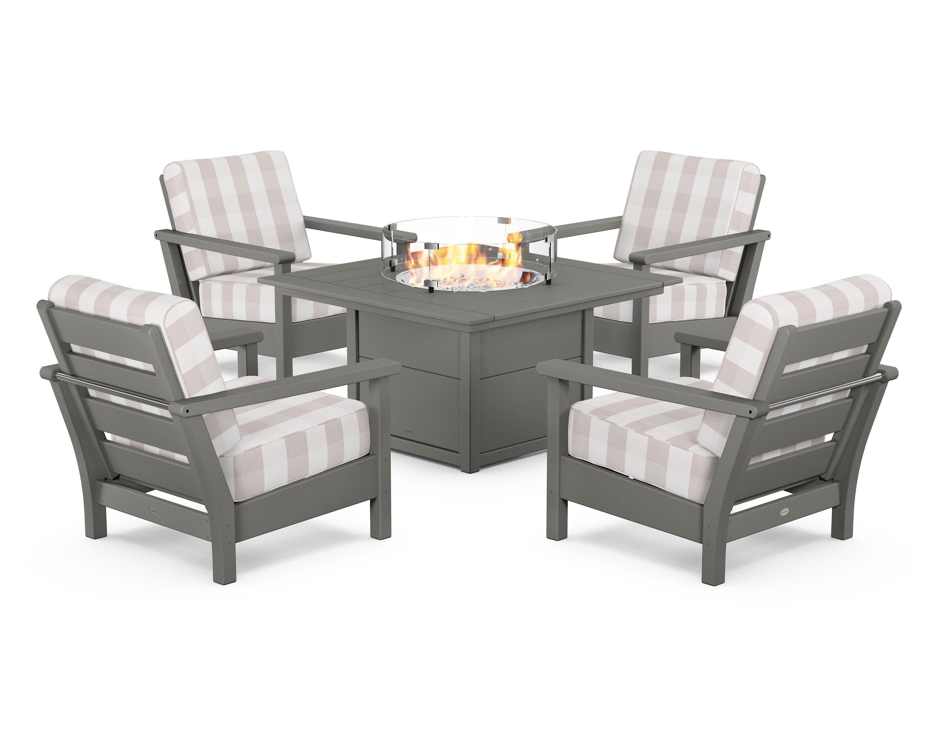 Harbour 5-Piece Conversation Set with Fire Pit Table in Slate Grey / Buffalo Plaid Dune Burlap