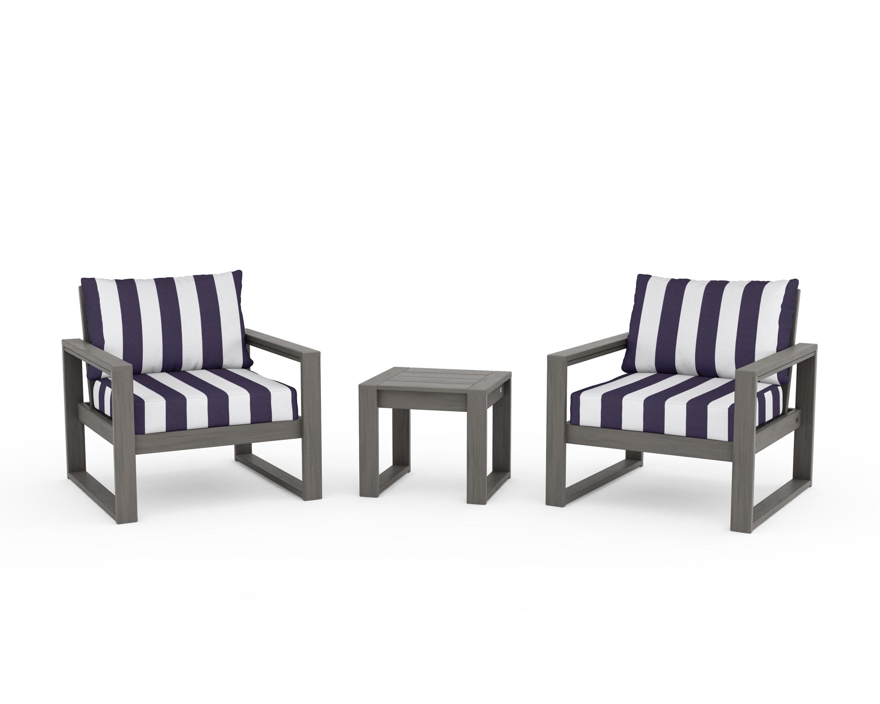 EDGE Sectional 3-Piece Deep Seating Set in Driftwood / Cabana Stripe Navy