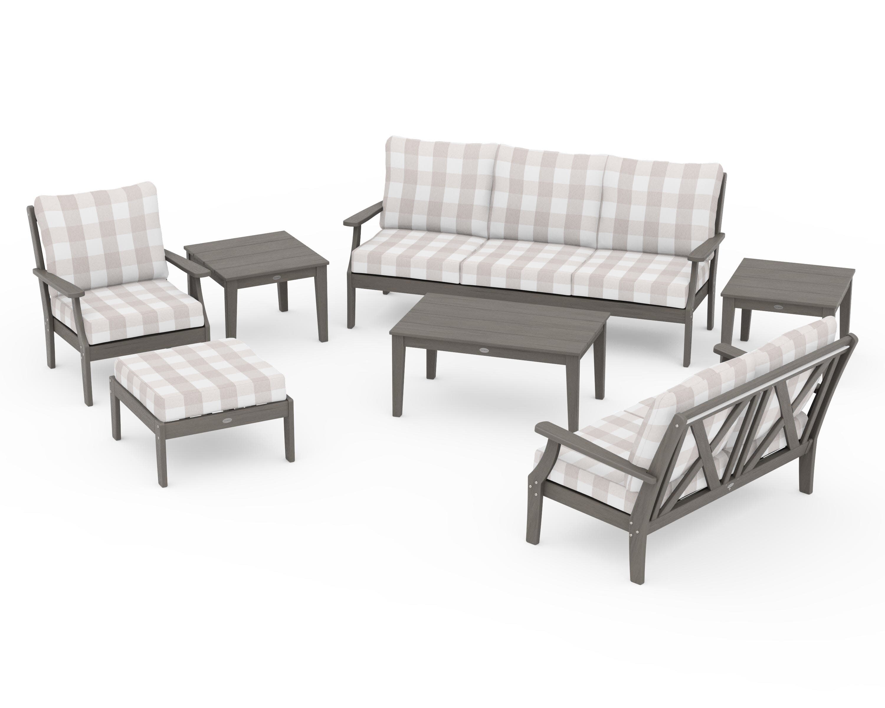 Braxton 7-Piece Deep Seating Set in Driftwood / Buffalo Plaid Dune Burlap