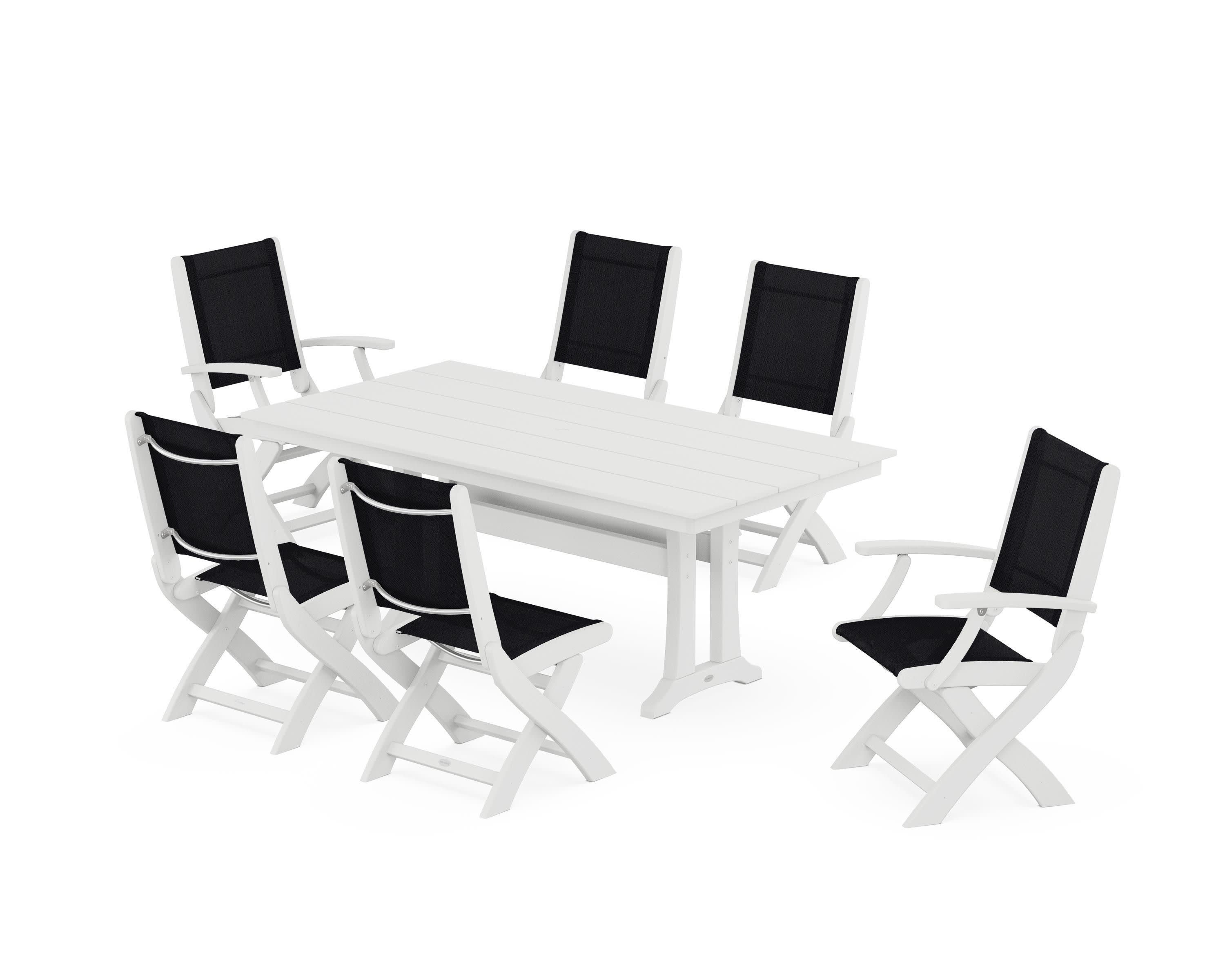 Coastal Folding Chair 7-Piece Farmhouse Dining Set with Trestle Legs in White / Black Sling