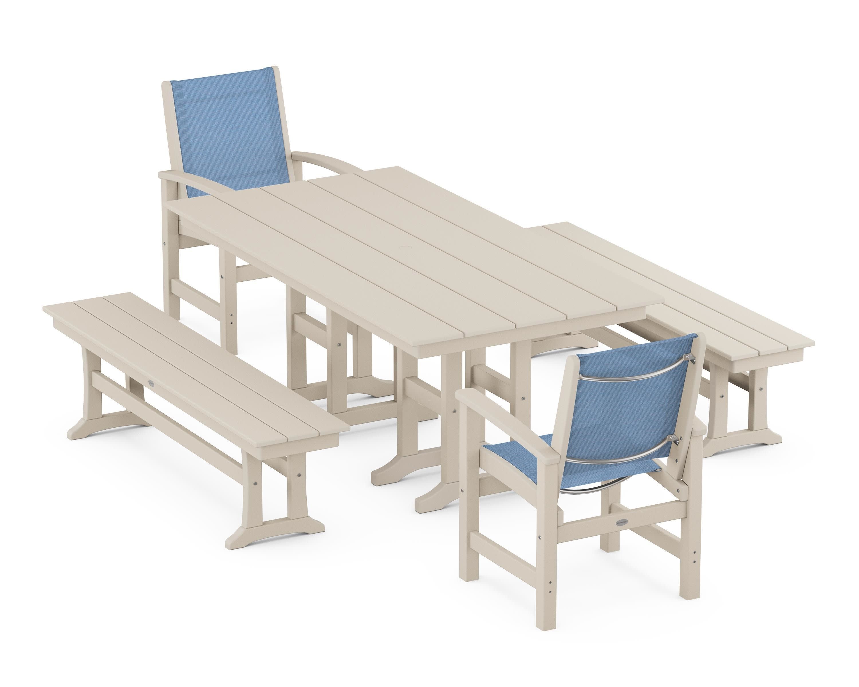 Coastal 5-Piece Farmhouse Dining Set in Sand / Poolside Sling