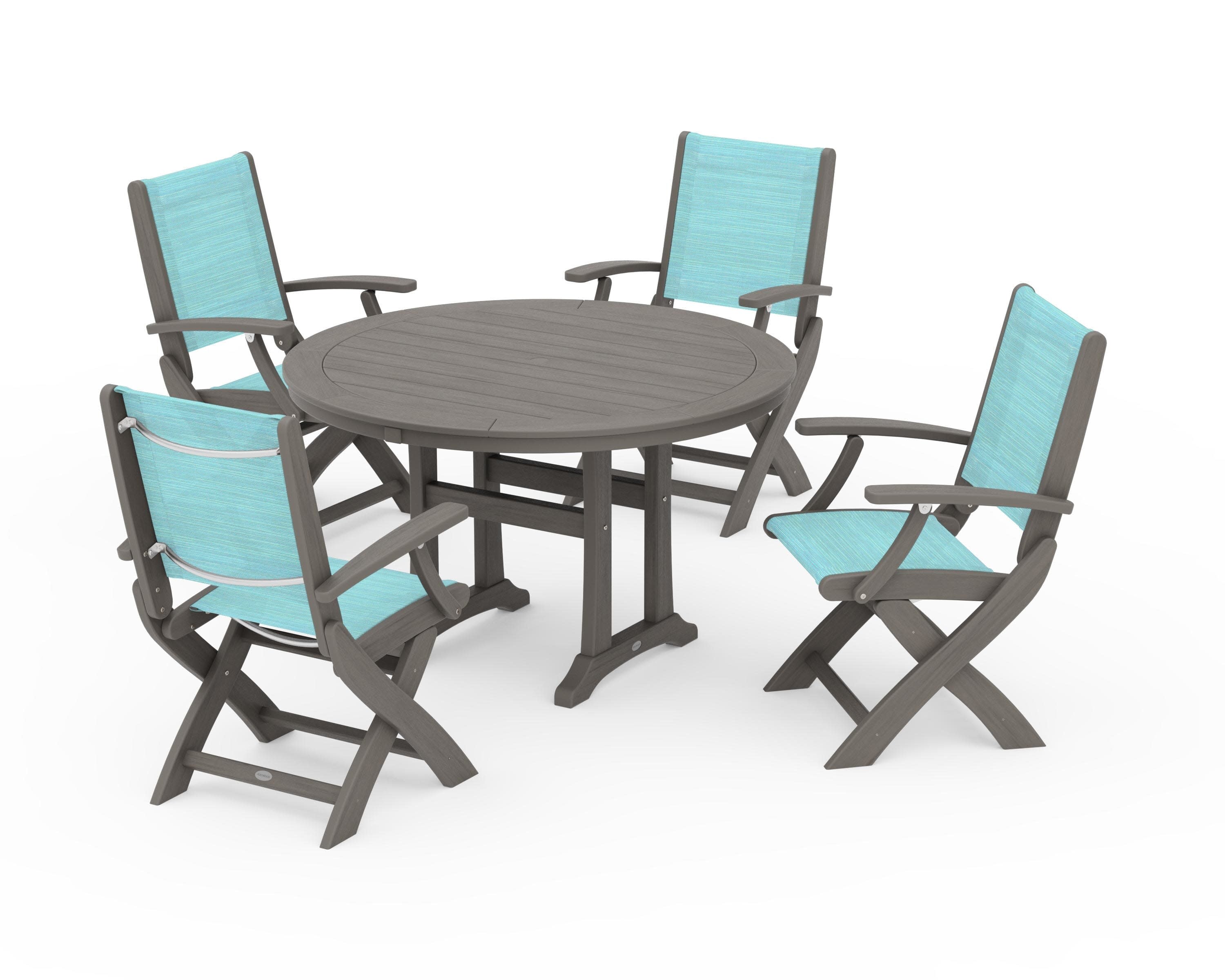 Coastal Folding Chair 5-Piece Round Dining Set with Trestle Legs in Driftwood / Dupioni Aquamarine Sling