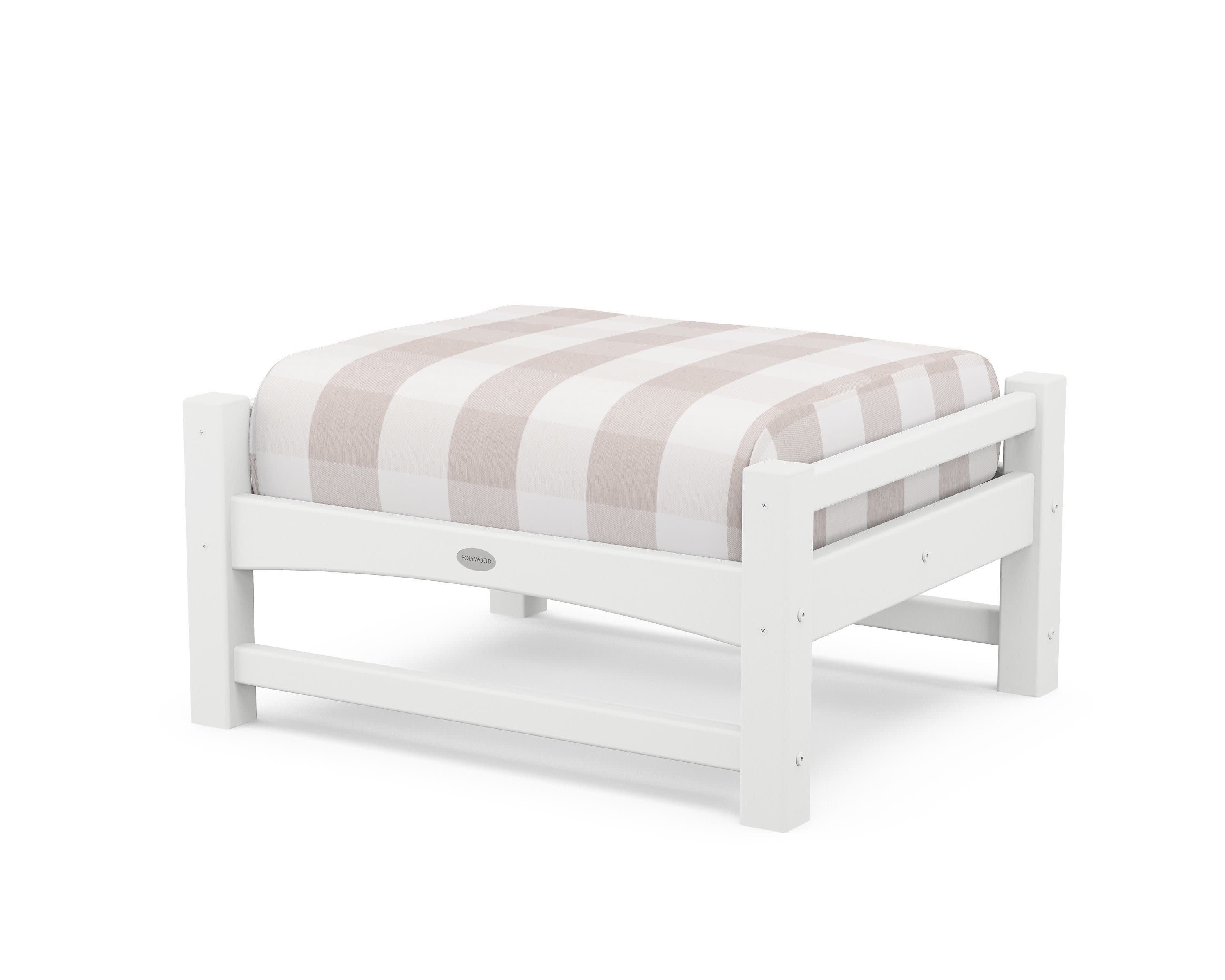 Club Ottoman in White / Buffalo Plaid Dune Burlap