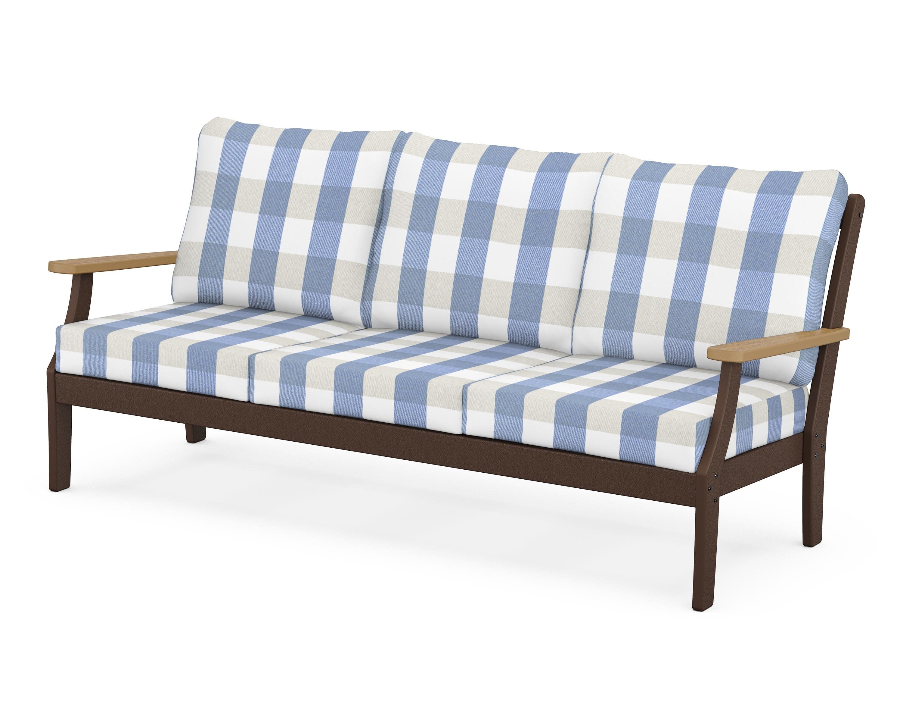 Braxton Deep Seating Sofa in Mahogany / Natural / Buffalo Plaid Sky Blue