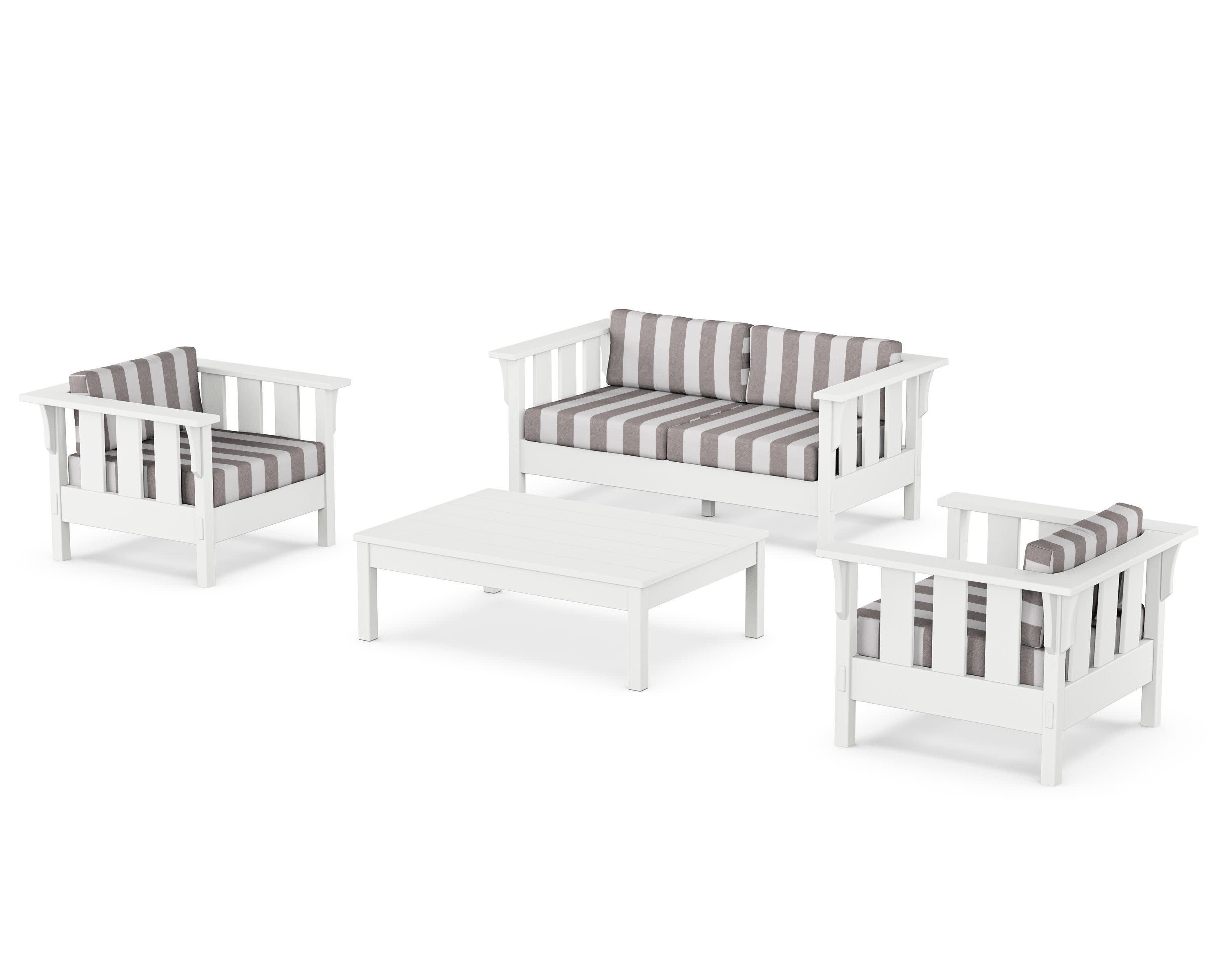Acadia 4-Piece Deep Seating Set with Loveseat in White / Cabana Stripe Grey Mist