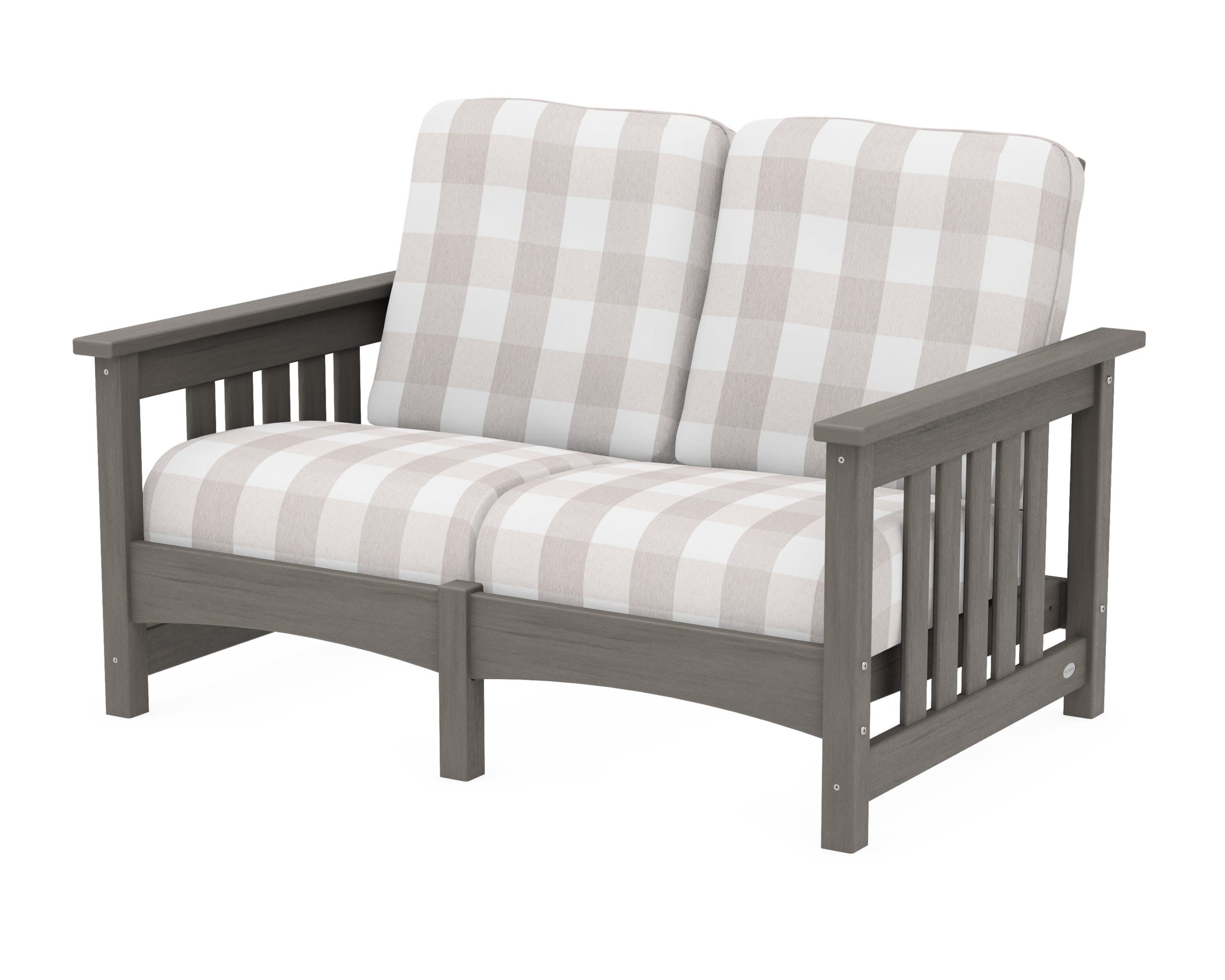 Club Mission Loveseat in Driftwood / Buffalo Plaid Dune Burlap