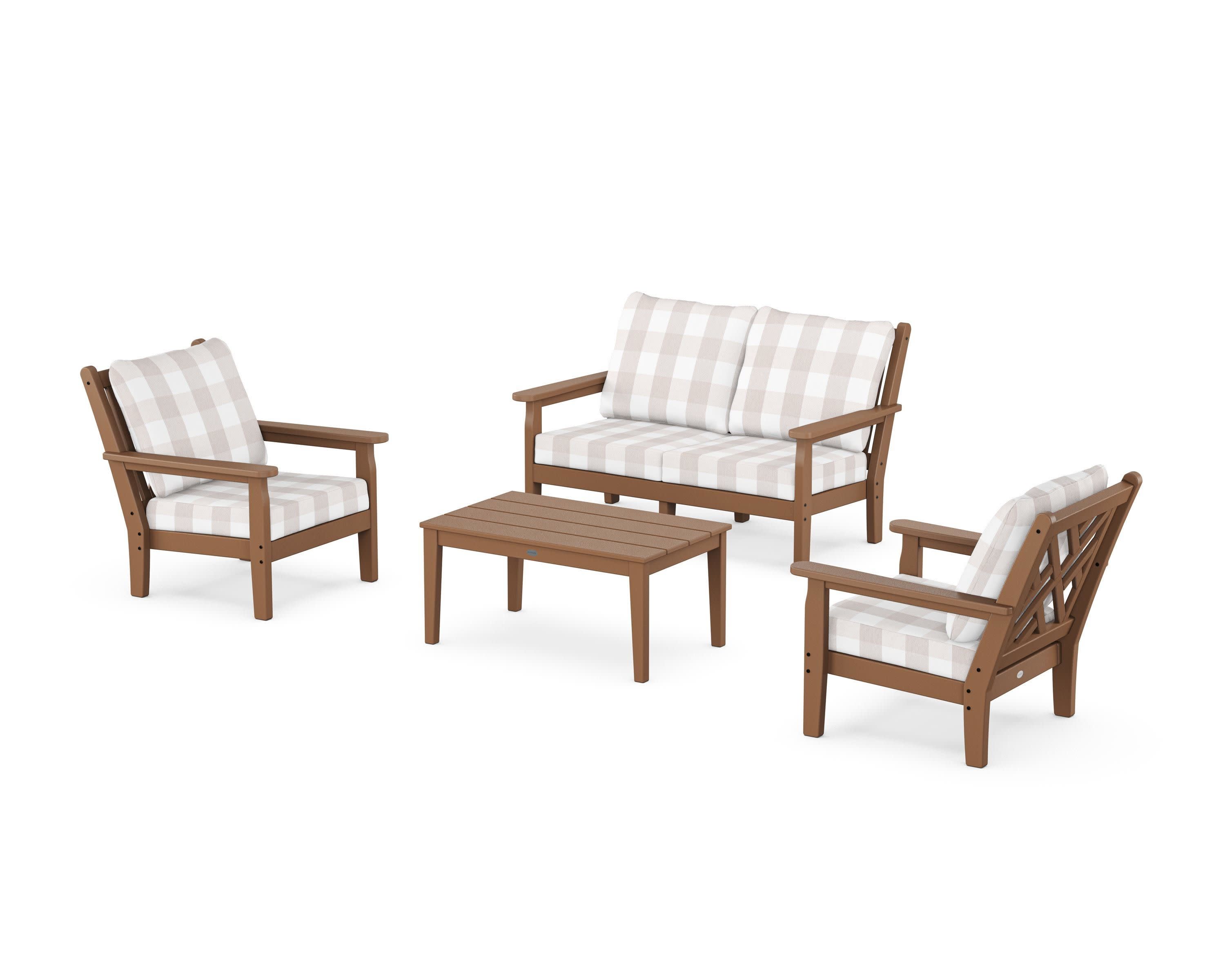 Chippendale 4-Piece Deep Seating Set with Loveseat in Teak / Buffalo Plaid Dune Burlap