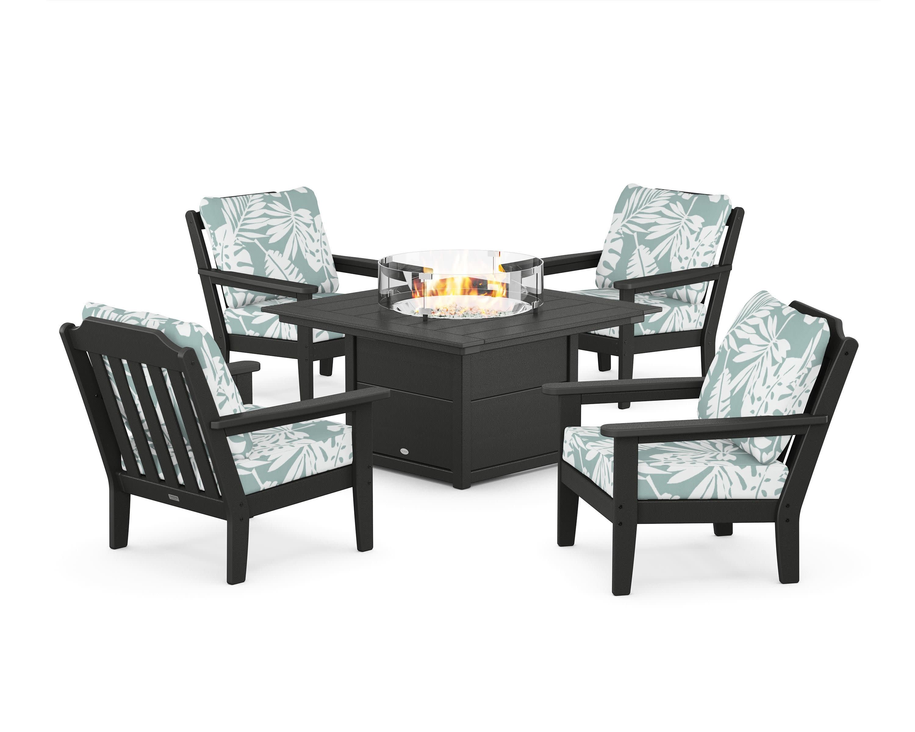 Cottage 5-Piece Deep Seating Set with Fire Pit Table in Black / Leaf Glacier Spa