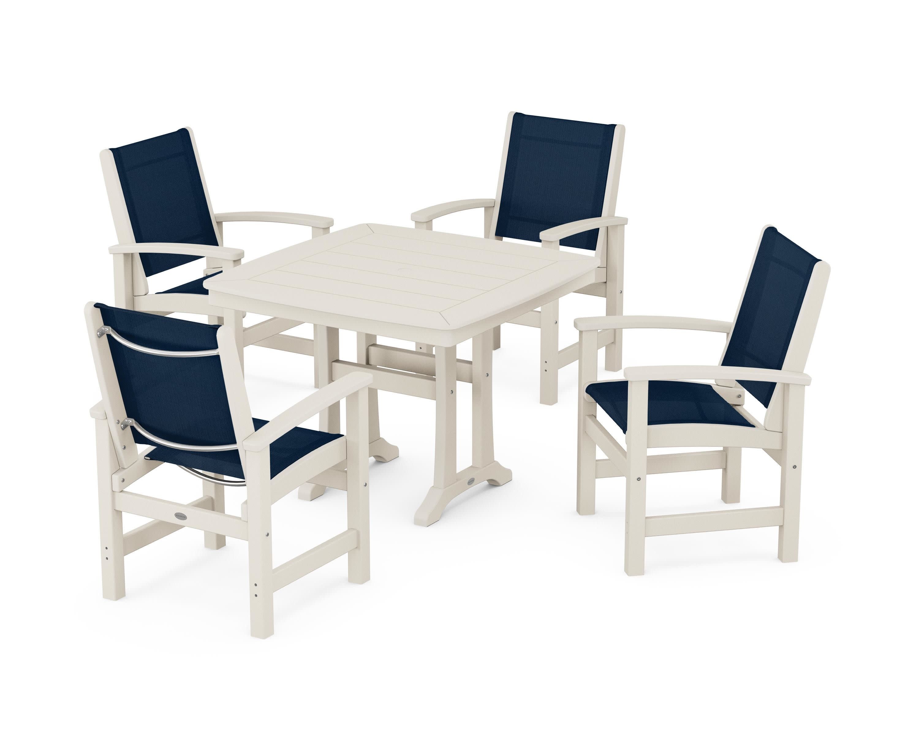 Coastal 5-Piece Dining Set with Trestle Legs in Sand / Navy Blue Sling