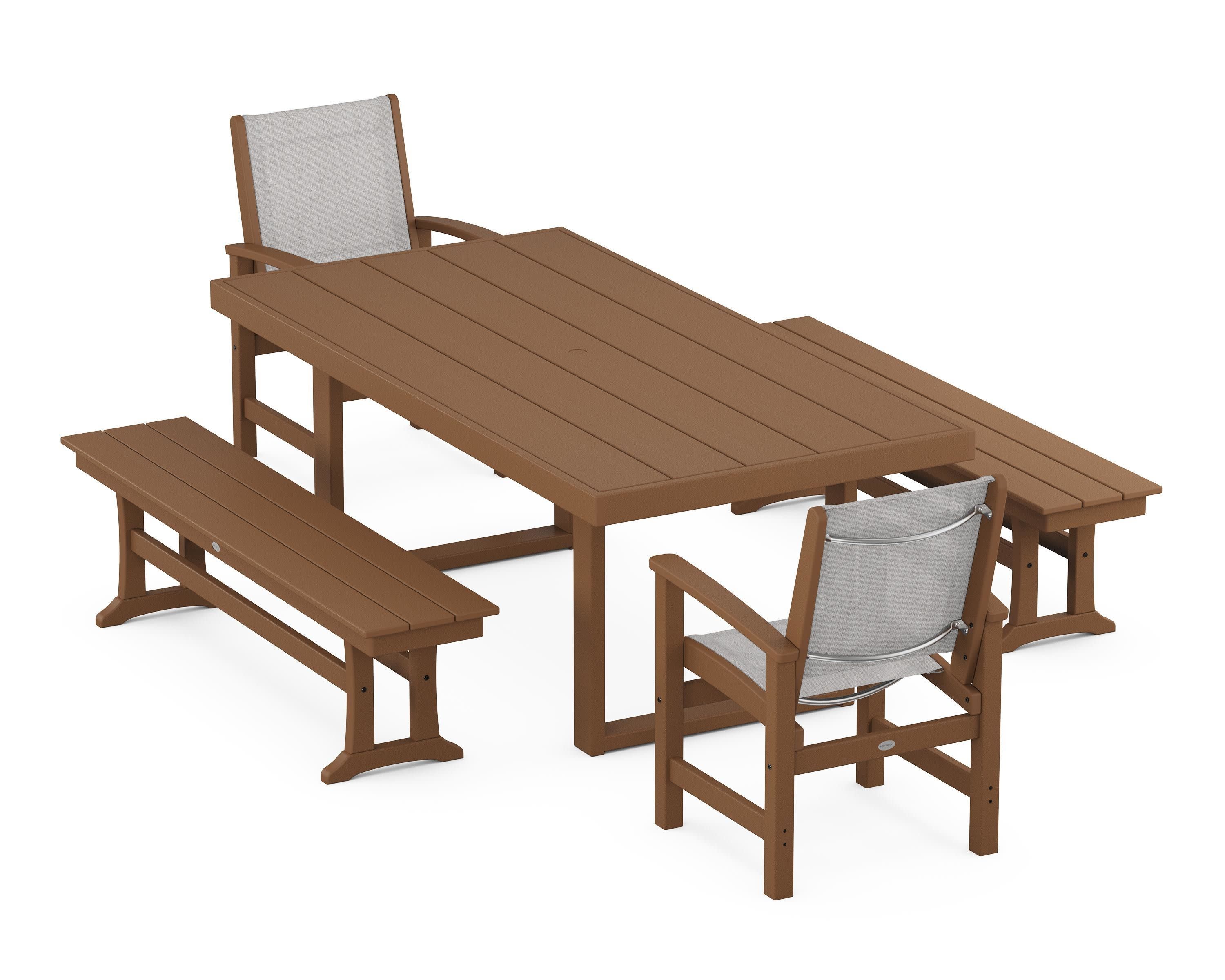 Coastal 5-Piece Dining Set with Trestle Legs in Teak / Parchment Sling