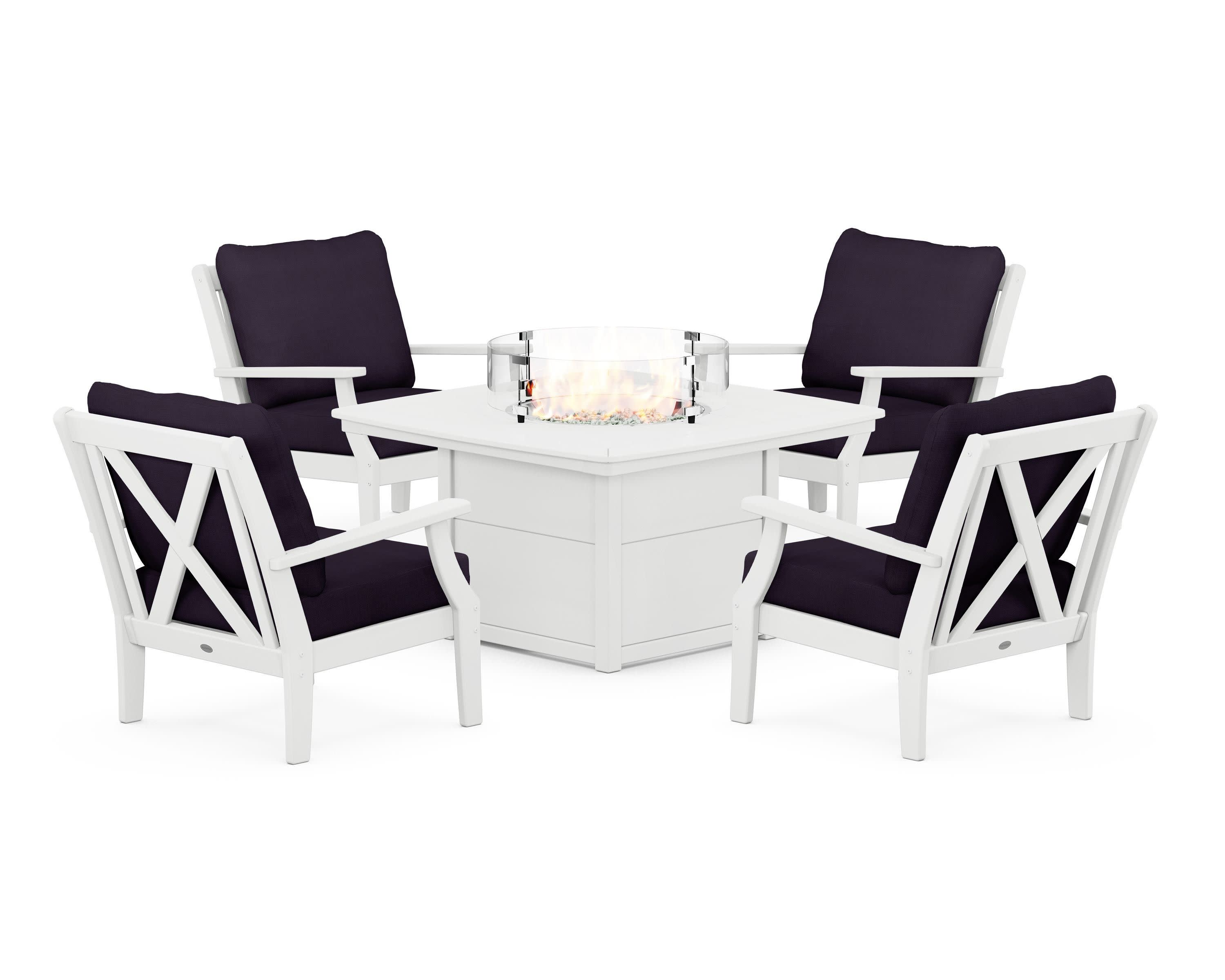 Braxton 5-Piece Deep Seating Conversation Set with Fire Pit Table in White / Navy Linen