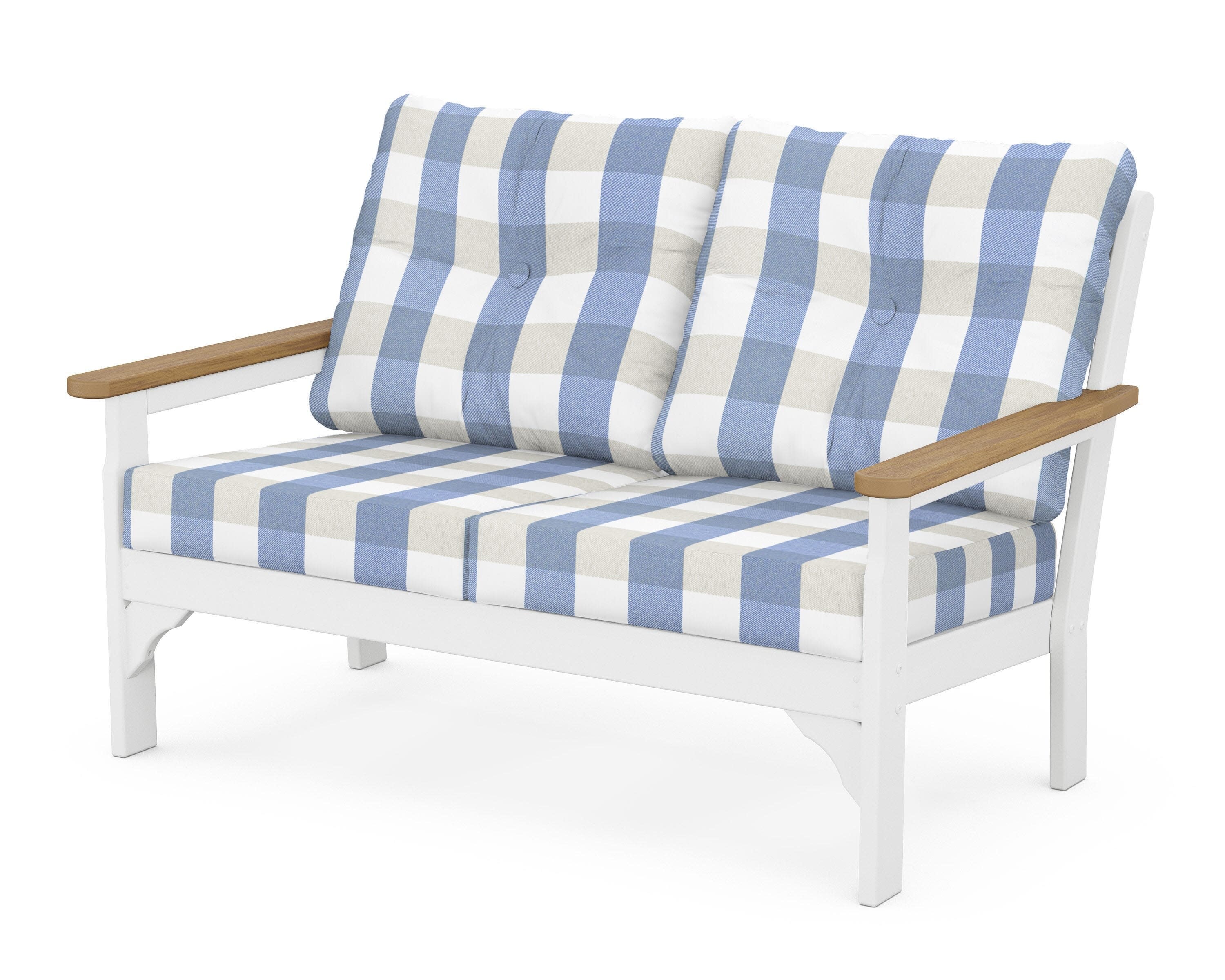 Vineyard Deep Seating Loveseat in White / Natural / Buffalo Plaid Sky Blue