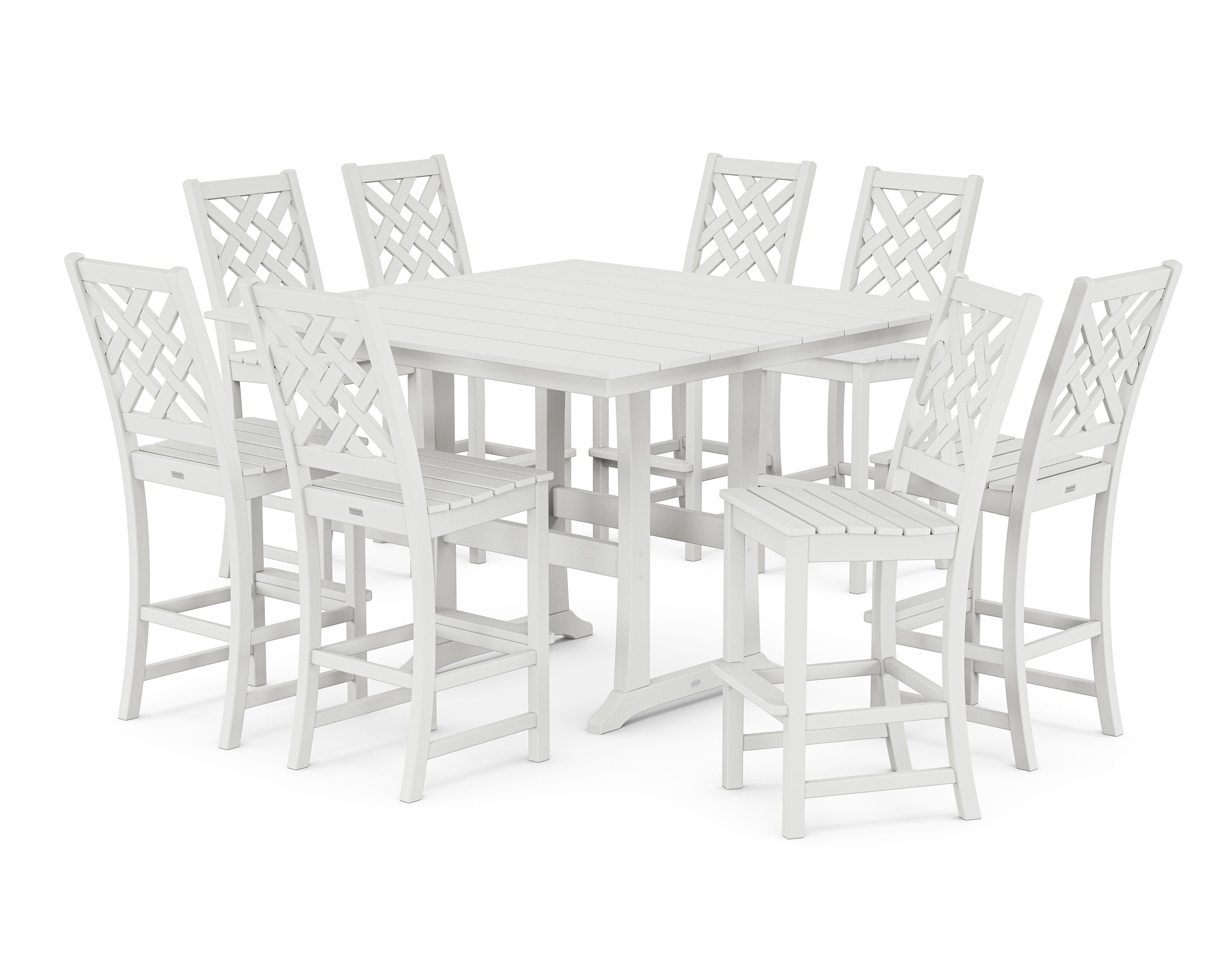 Wovendale Side Chair 9-Piece Square Farmhouse Bar Set with Trestle Legs in White