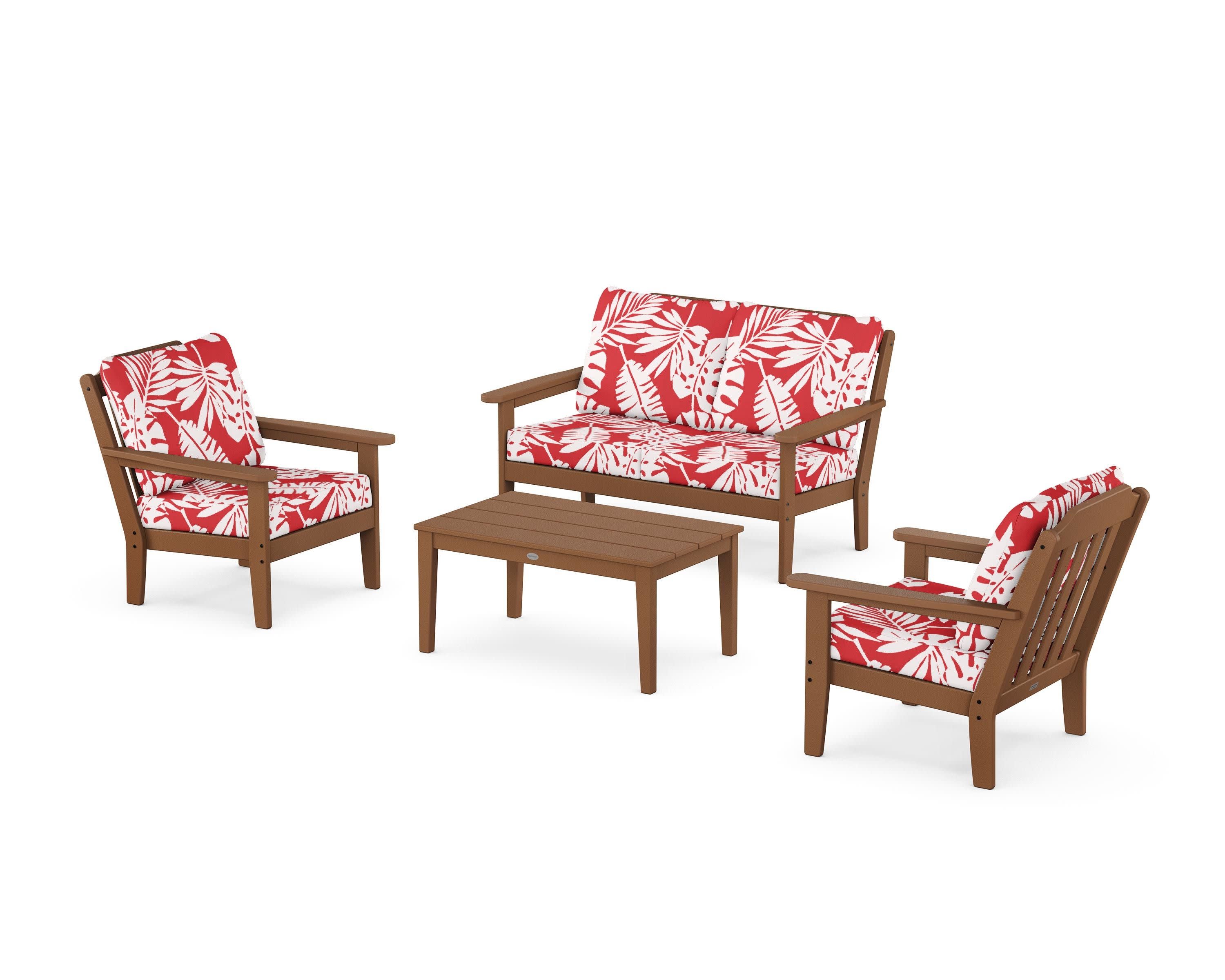 Cottage 4-Piece Deep Seating Set with Loveseat in Teak / Leaf Crimson