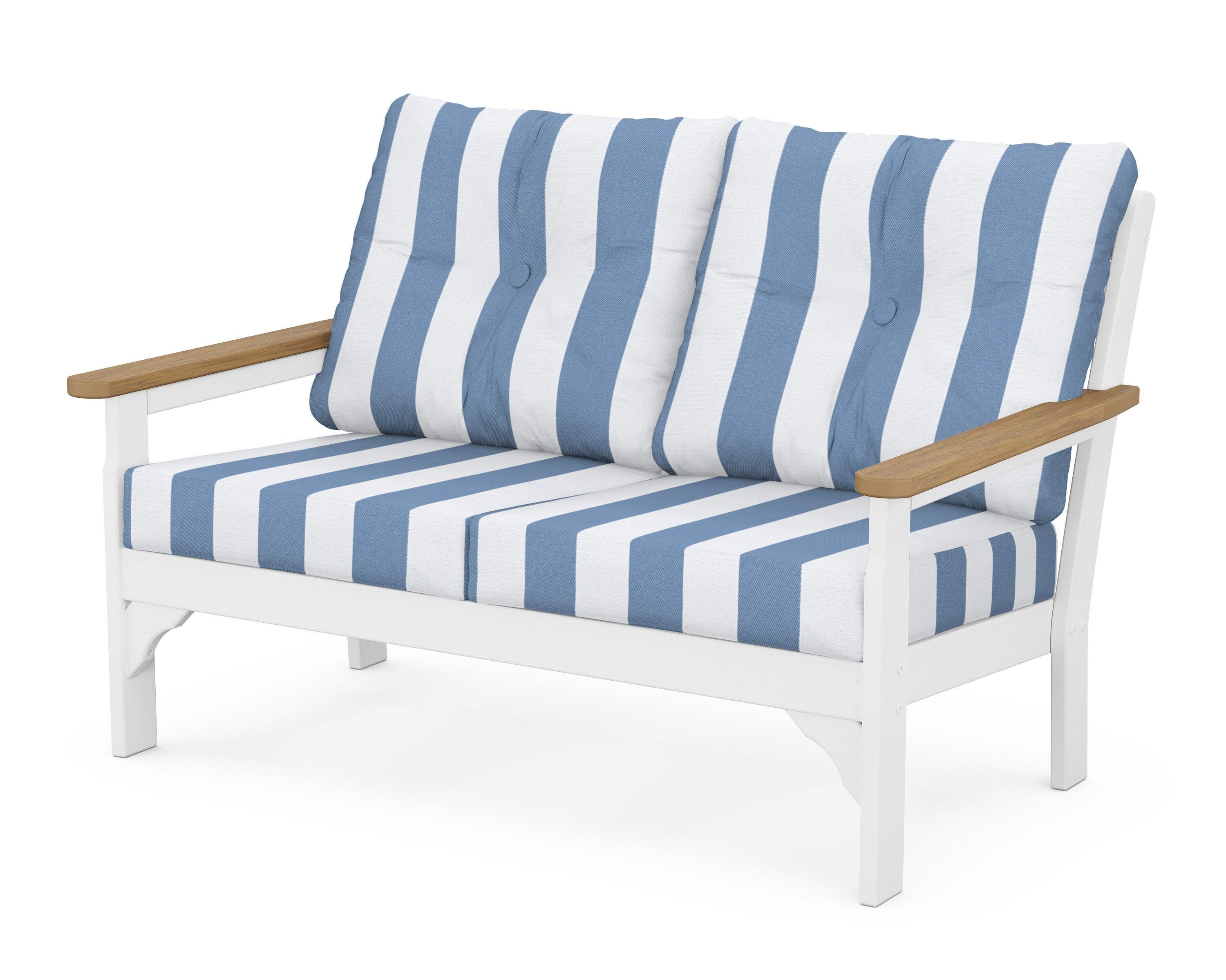 Vineyard Deep Seating Loveseat in White / Natural / Cabana Stripe Sky Blue
